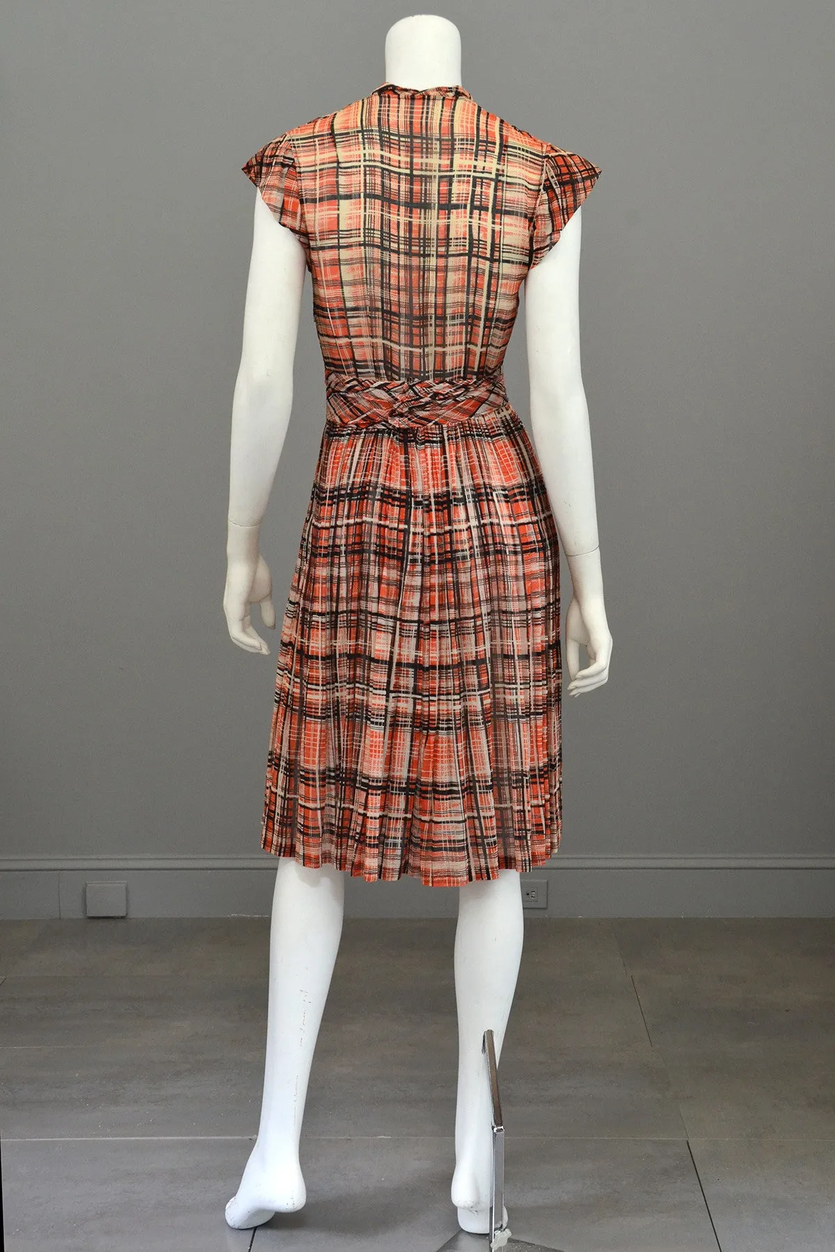 1930s Red Black Plaid Vintage Day Dress