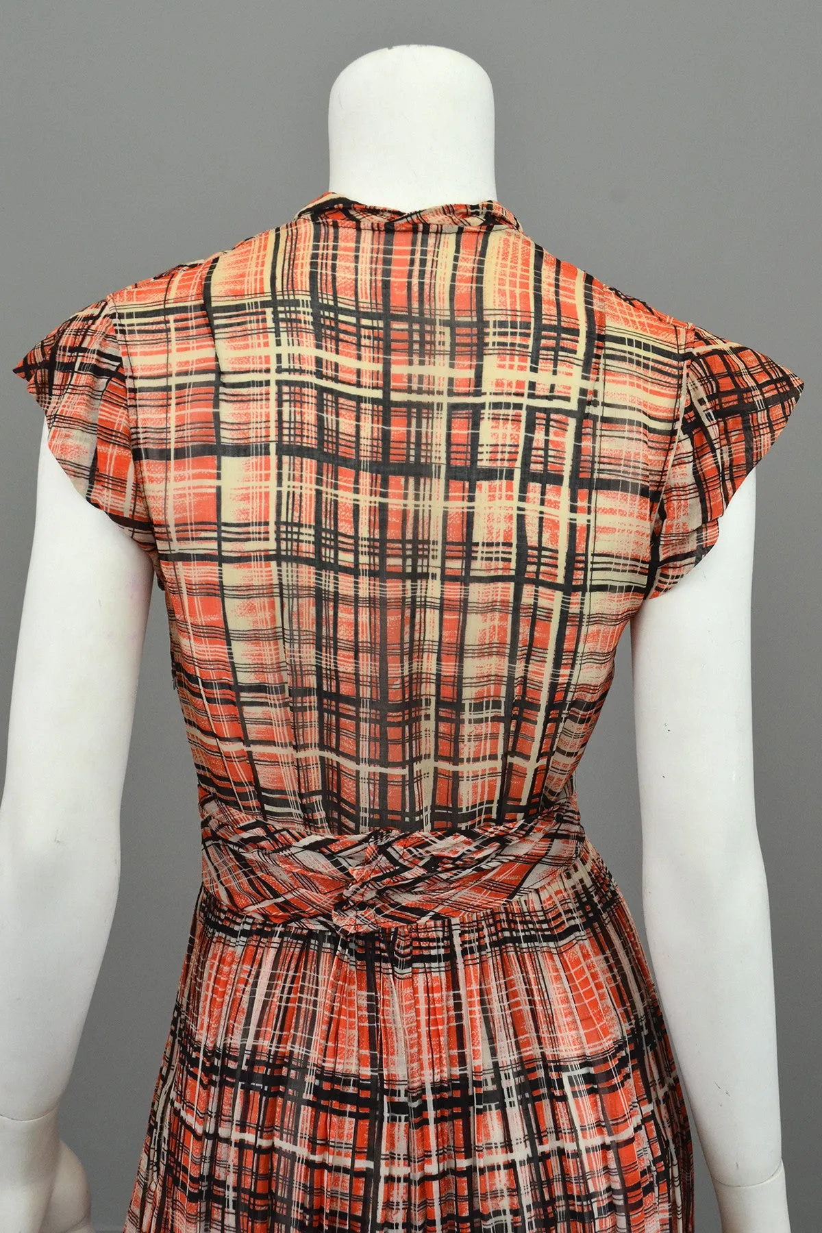 1930s Red Black Plaid Vintage Day Dress