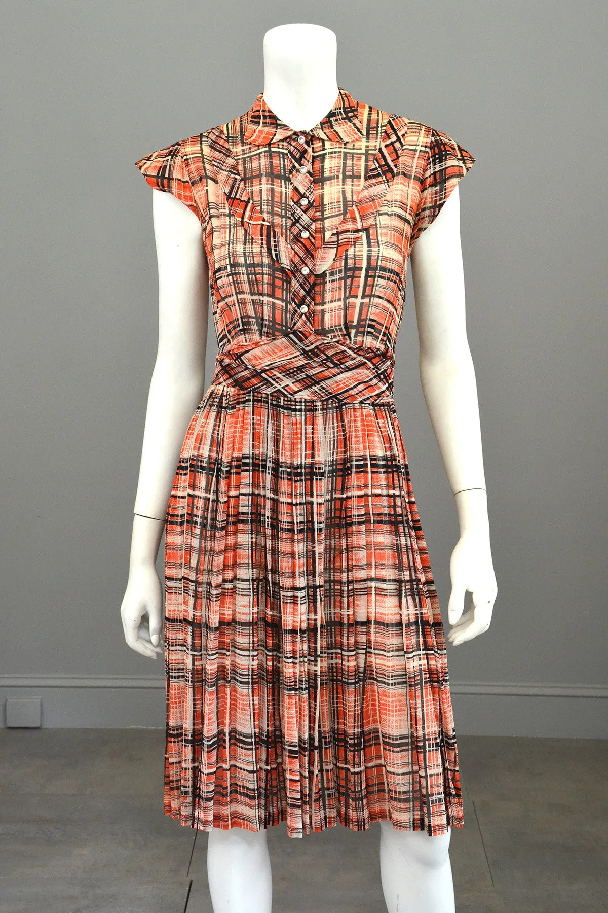 1930s Red Black Plaid Vintage Day Dress