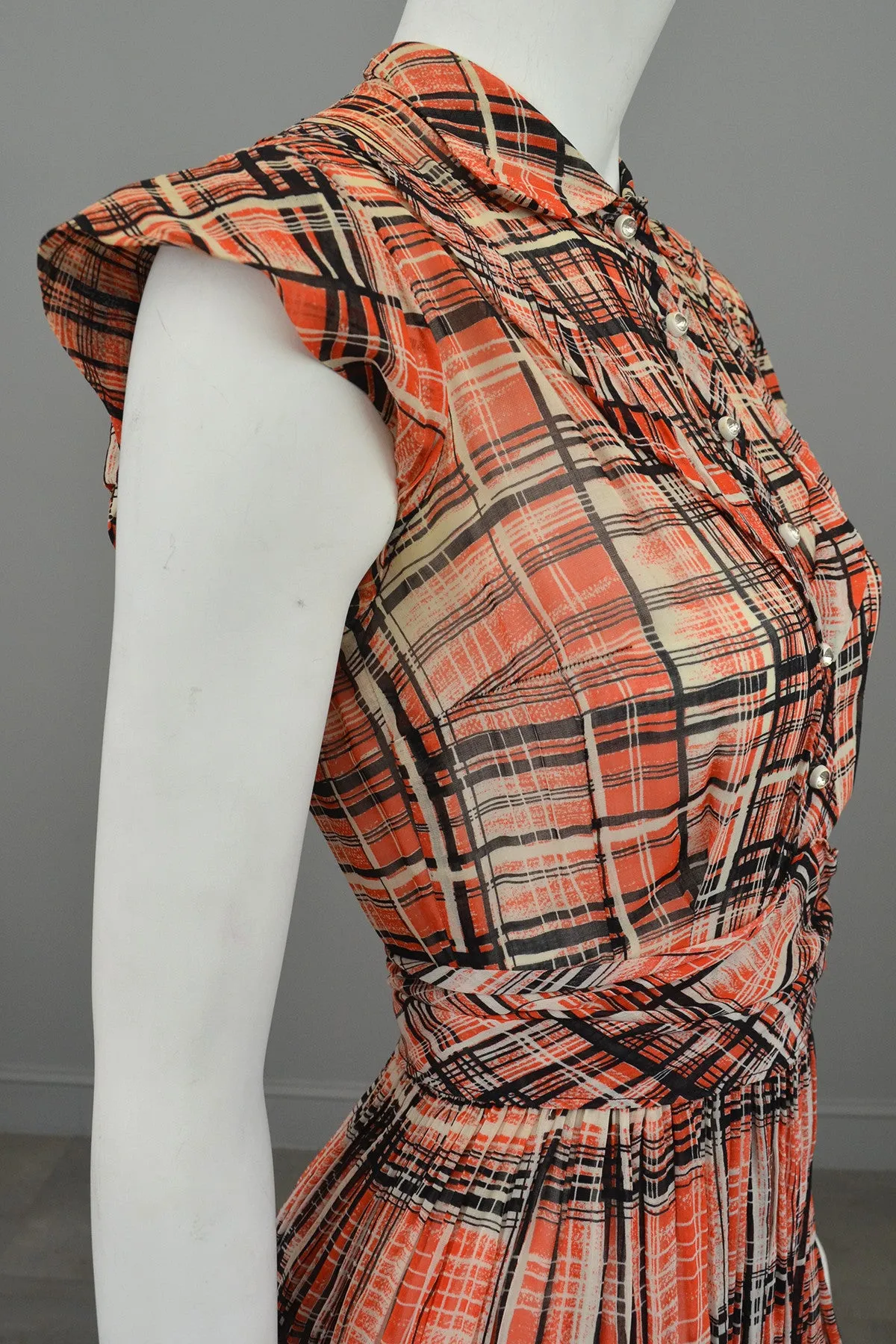 1930s Red Black Plaid Vintage Day Dress