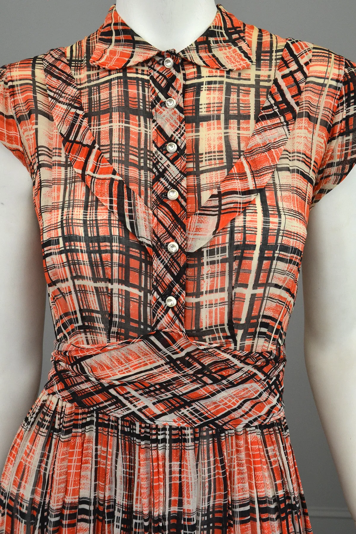 1930s Red Black Plaid Vintage Day Dress