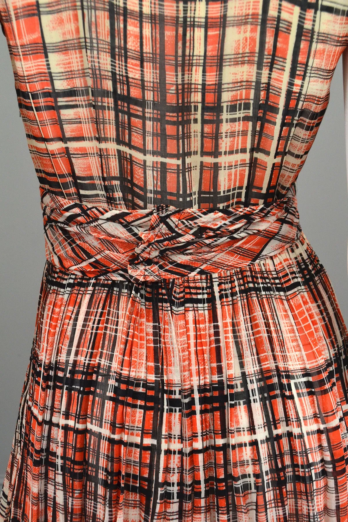 1930s Red Black Plaid Vintage Day Dress