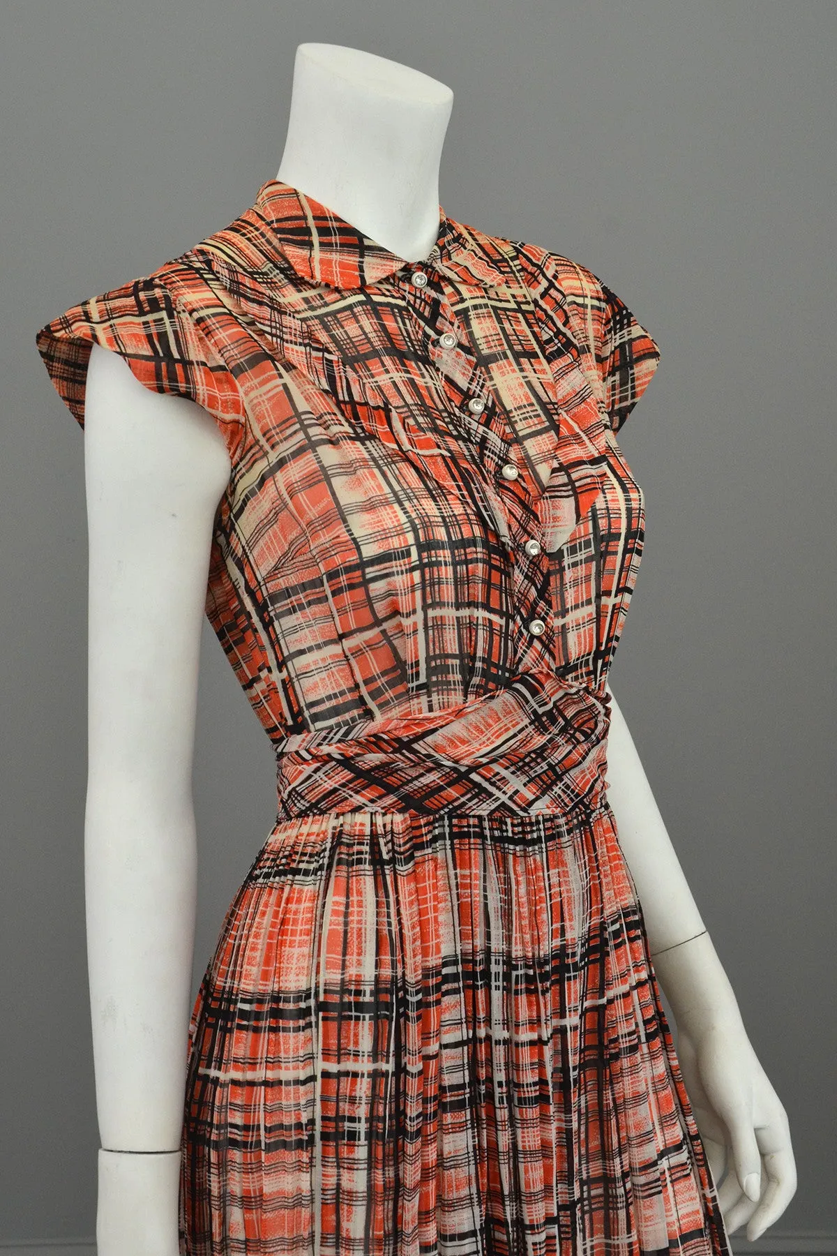 1930s Red Black Plaid Vintage Day Dress