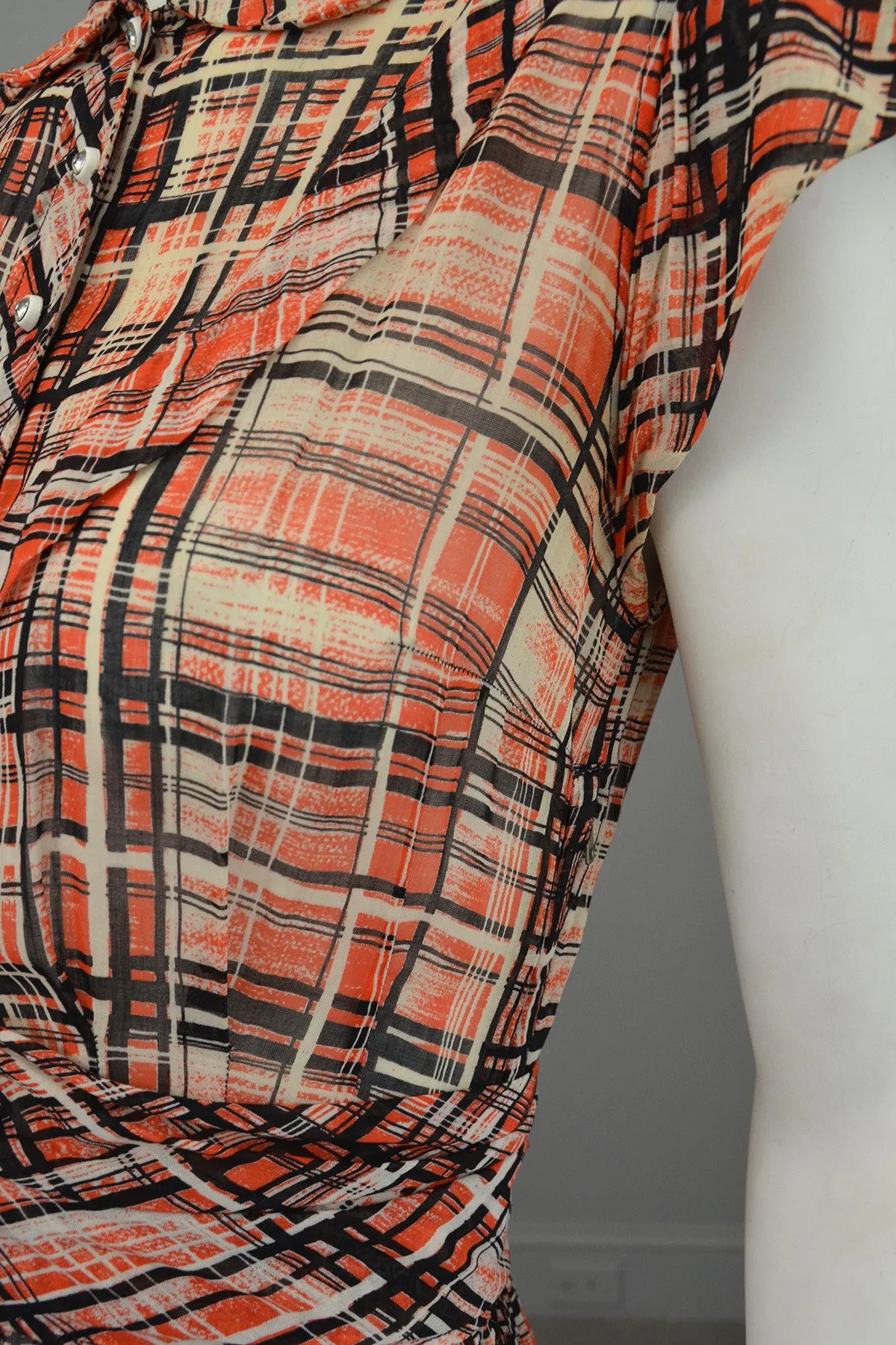 1930s Red Black Plaid Vintage Day Dress