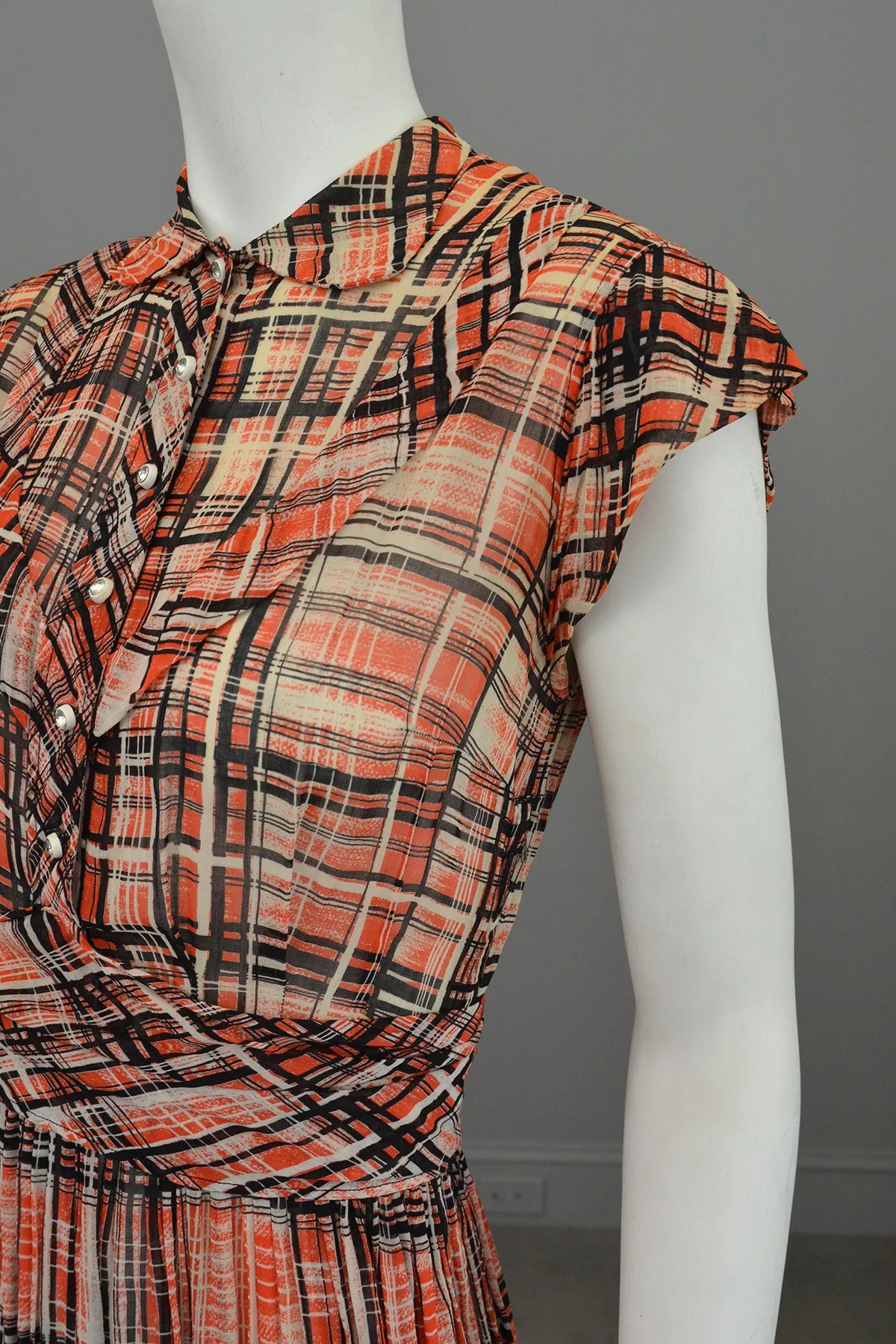 1930s Red Black Plaid Vintage Day Dress