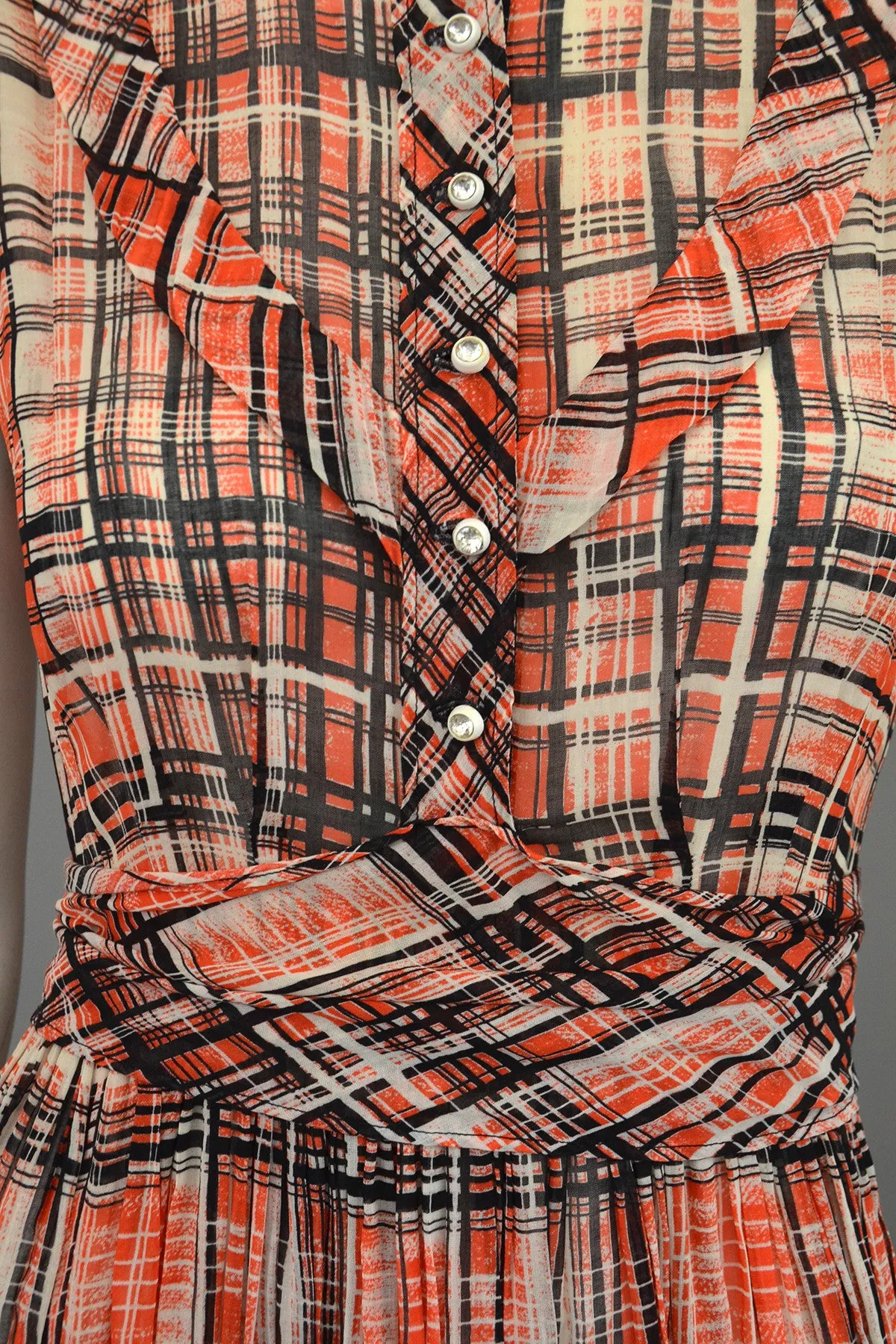 1930s Red Black Plaid Vintage Day Dress