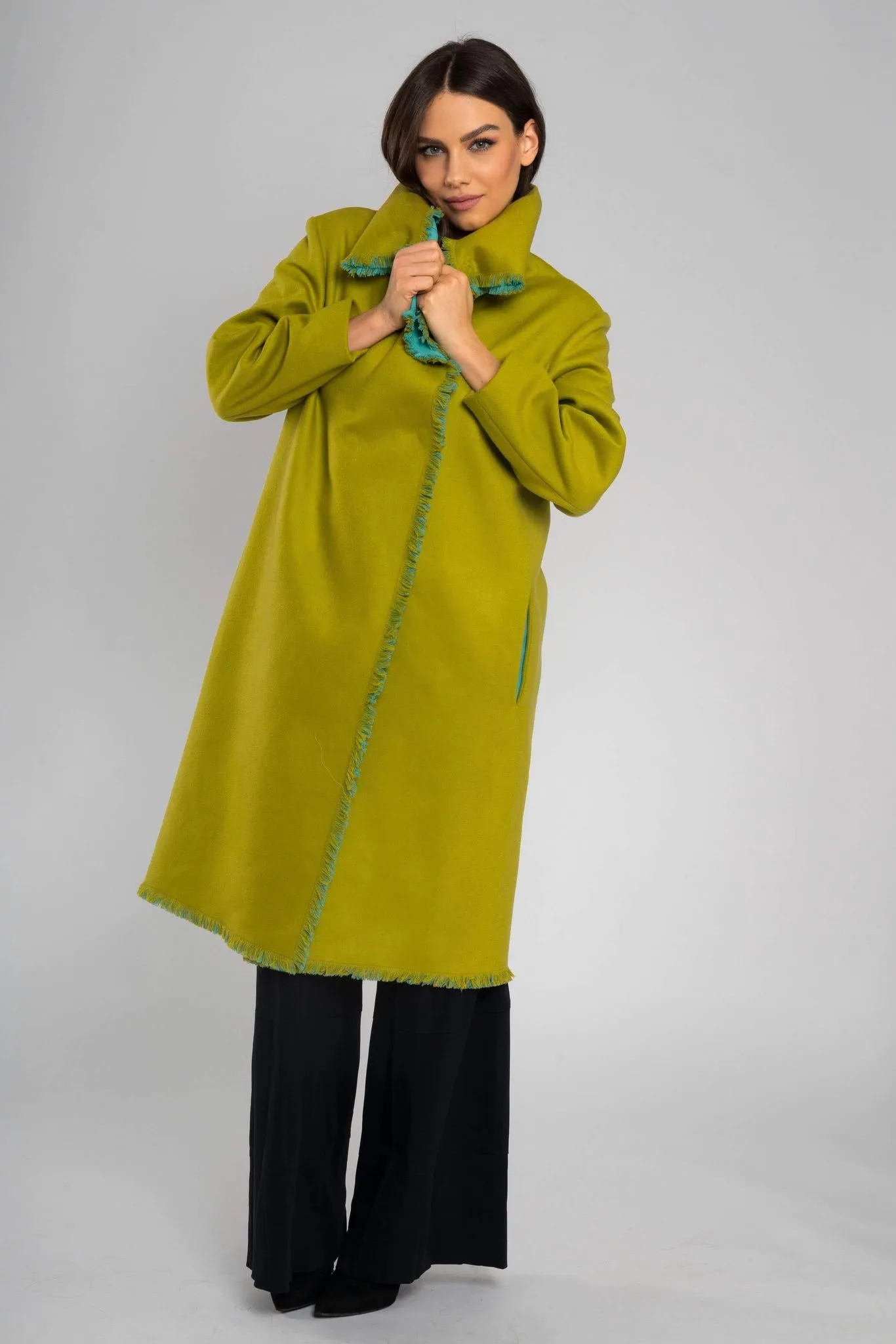 Angie Coat, Large Collar Italian Wool Coat Green - Stylish and Elegant Green Coat Made of Italian Wool