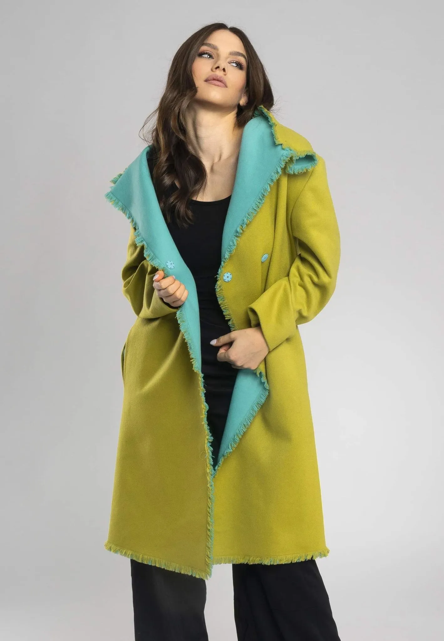 Angie Coat, Large Collar Italian Wool Coat Green - Stylish and Elegant Green Coat Made of Italian Wool