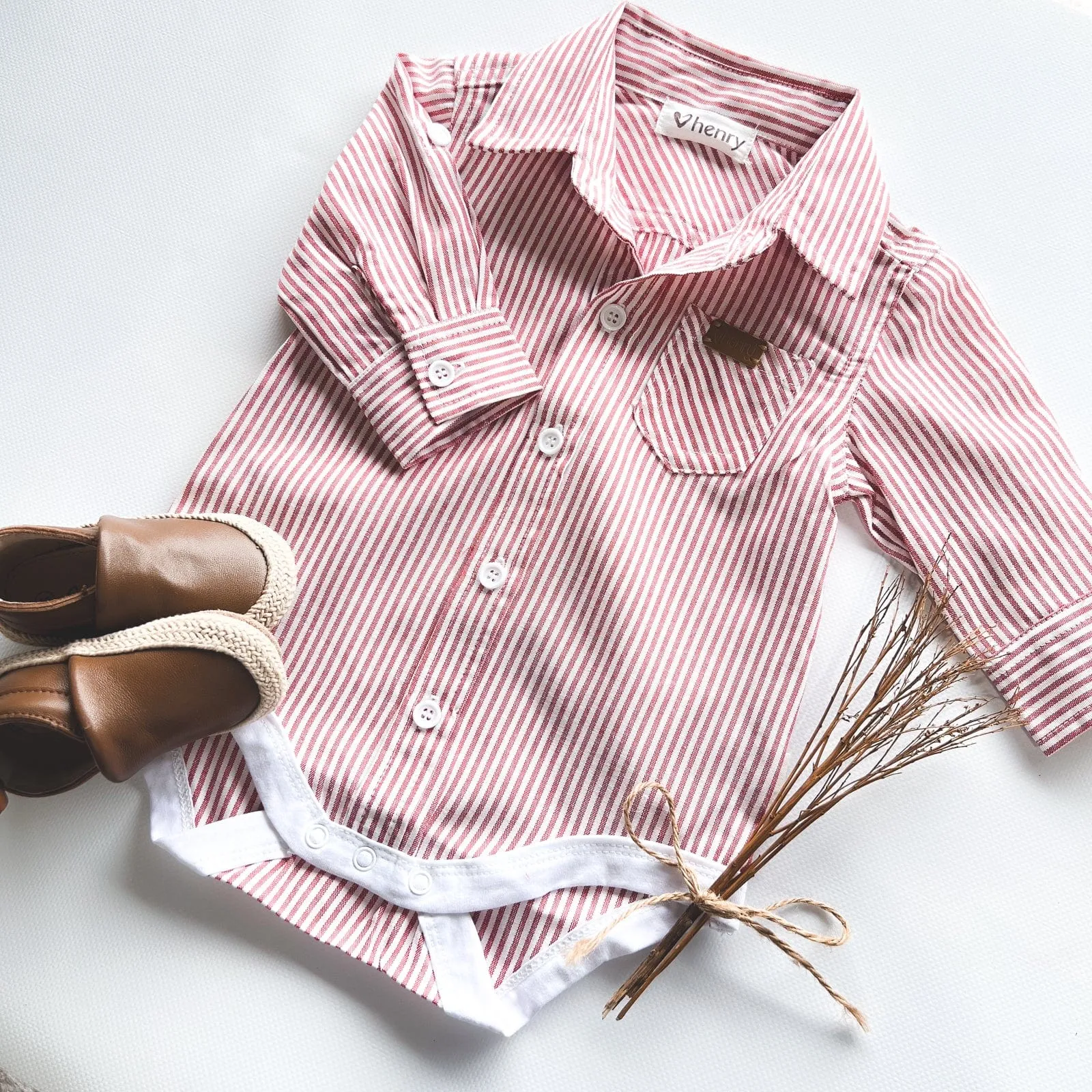 Baby Boys Dress Shirt Romper -  Red Pinstripe
