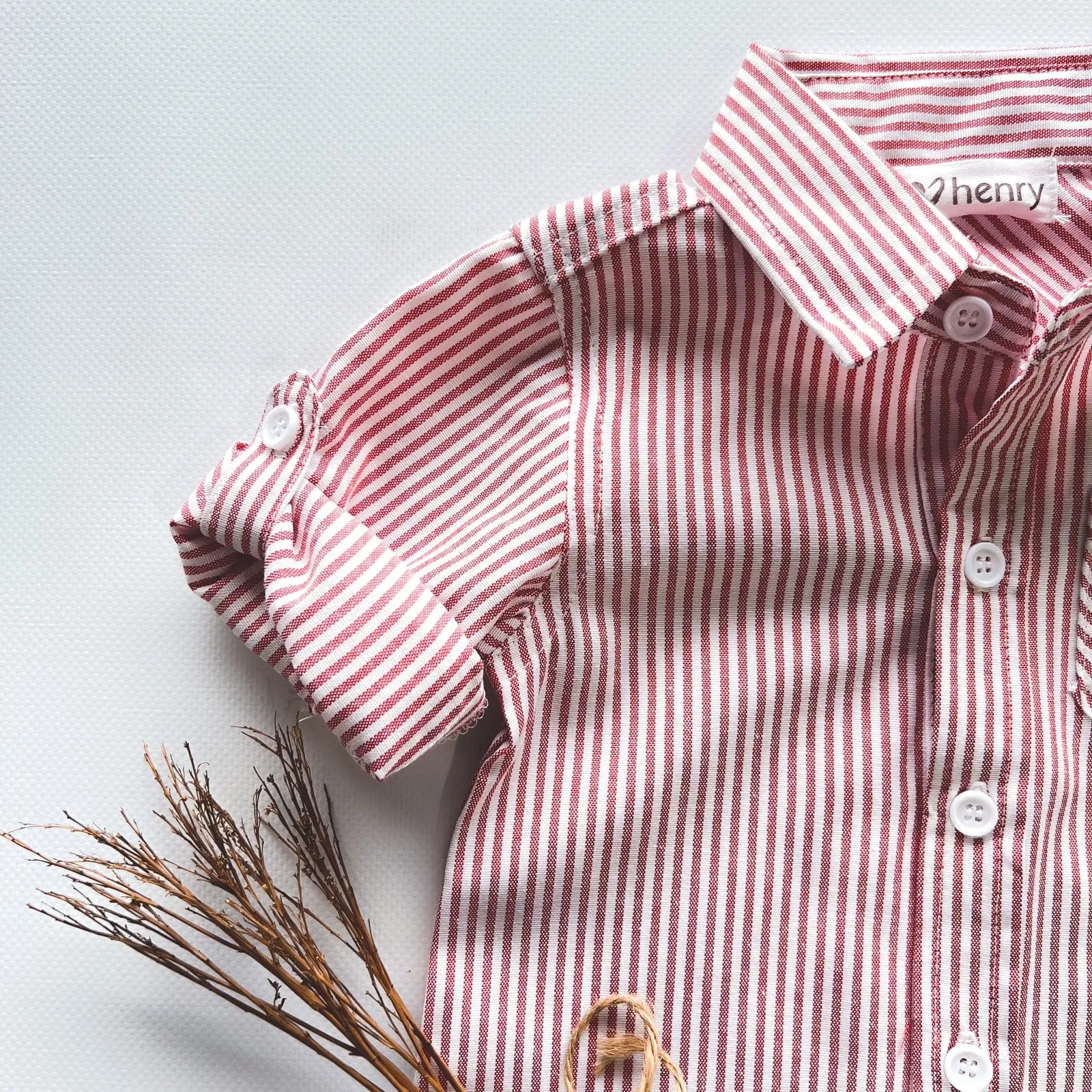 Baby Boys Dress Shirt Romper -  Red Pinstripe
