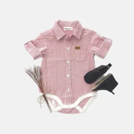 Baby Boys Dress Shirt Romper -  Red Pinstripe