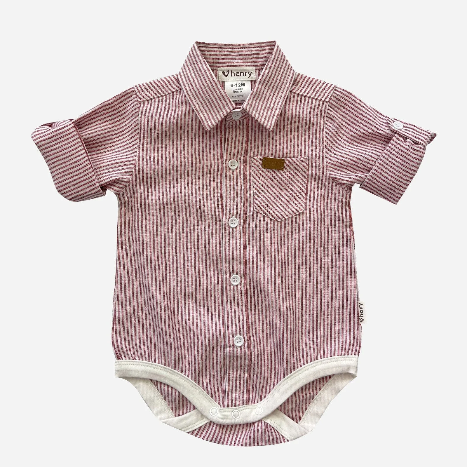 Baby Boys Dress Shirt Romper -  Red Pinstripe