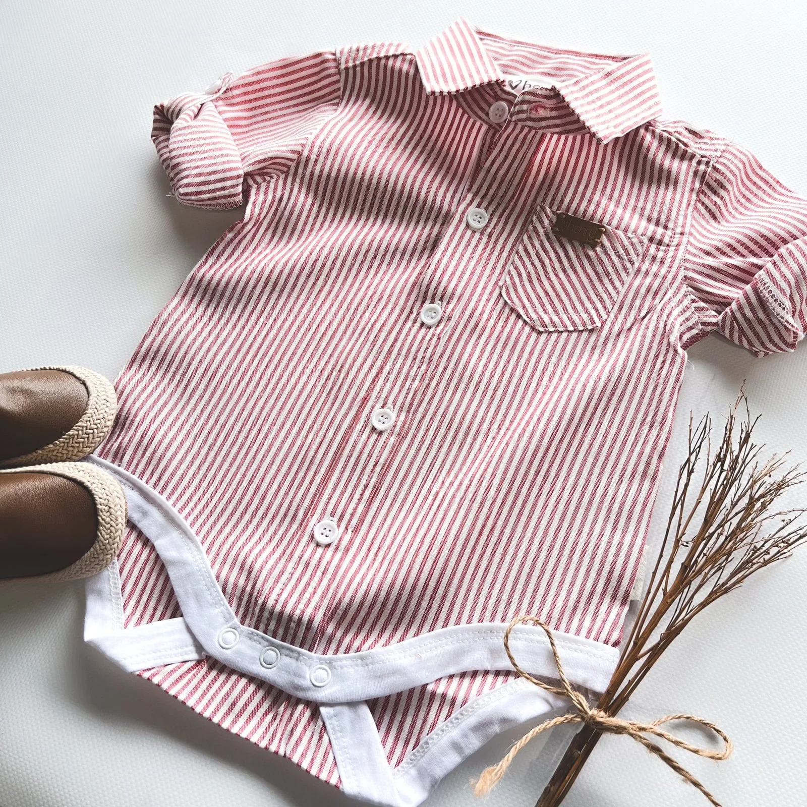 Baby Boys Dress Shirt Romper -  Red Pinstripe