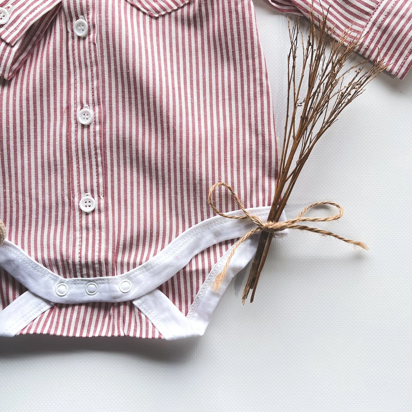 Baby Boys Dress Shirt Romper -  Red Pinstripe