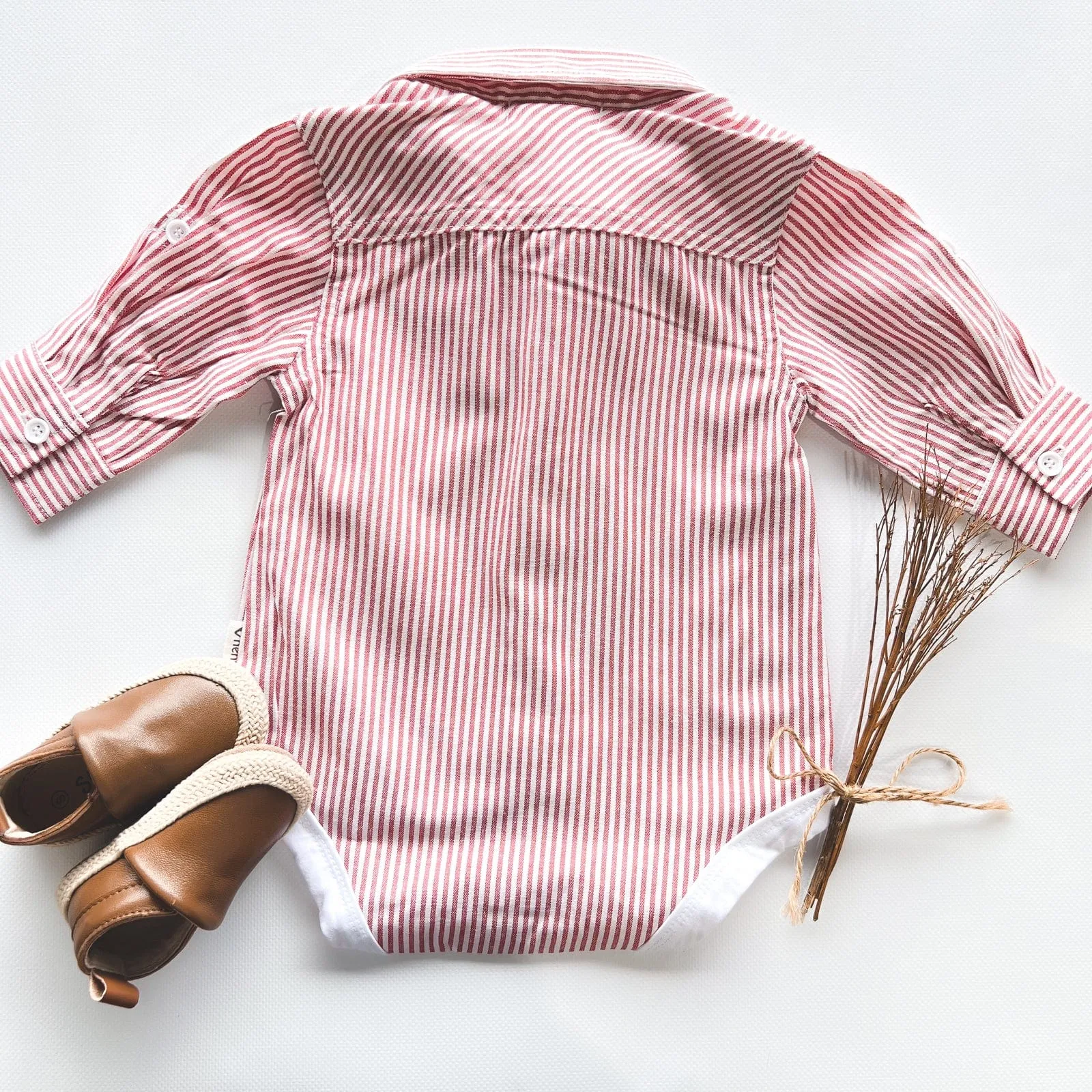 Baby Boys Dress Shirt Romper -  Red Pinstripe