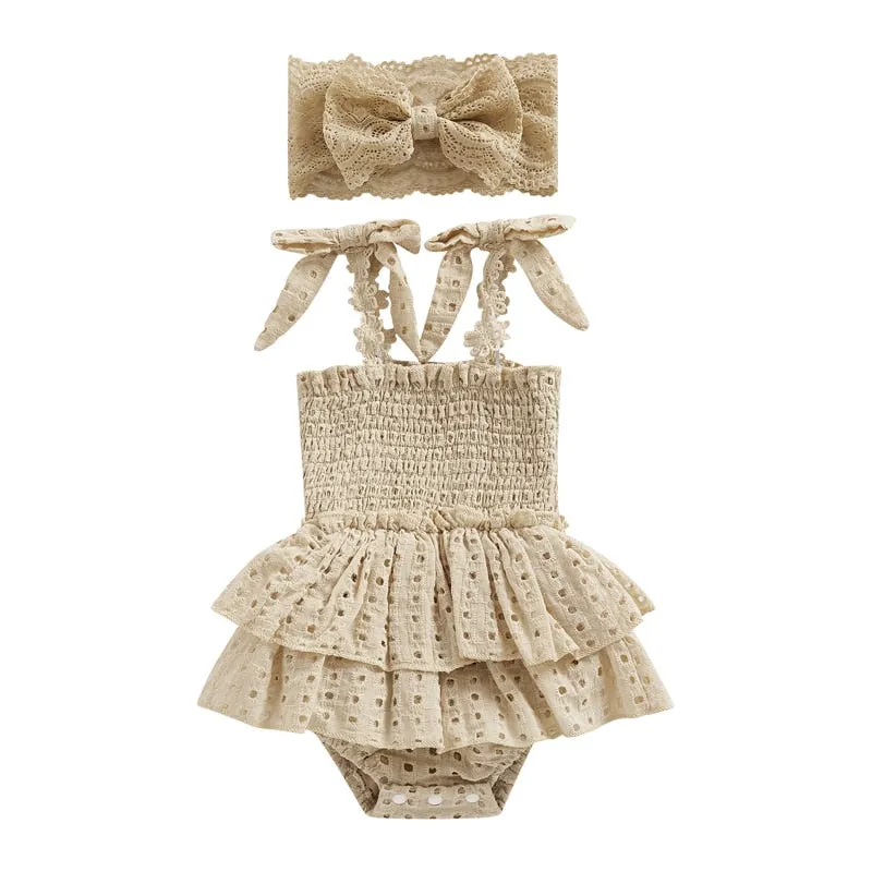 Baby Girl Hollow-Out Sling Bodysuits with Headband Set