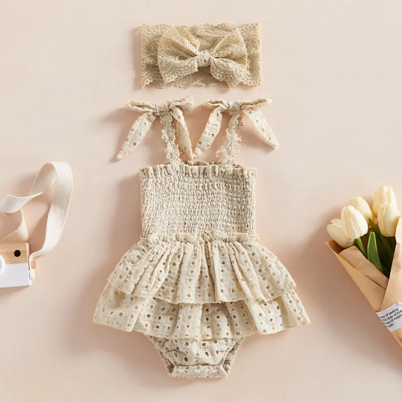Baby Girl Hollow-Out Sling Bodysuits with Headband Set