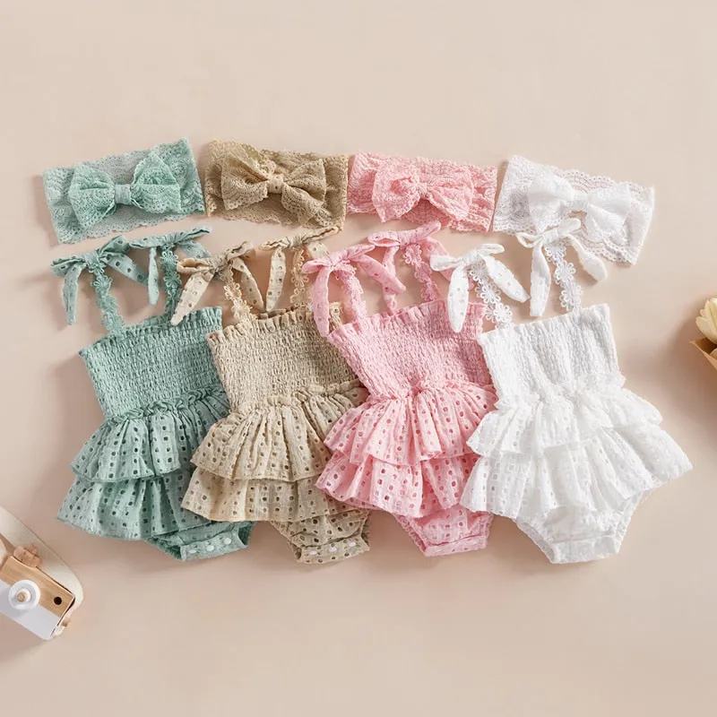 Baby Girl Hollow-Out Sling Bodysuits with Headband Set