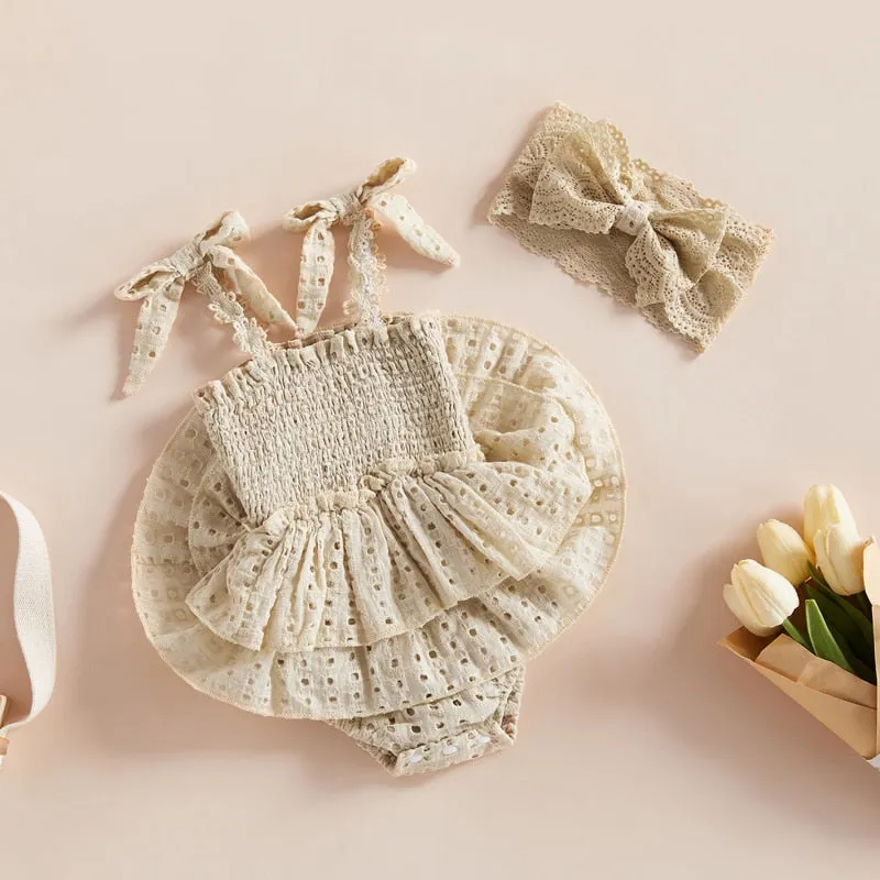 Baby Girl Hollow-Out Sling Bodysuits with Headband Set