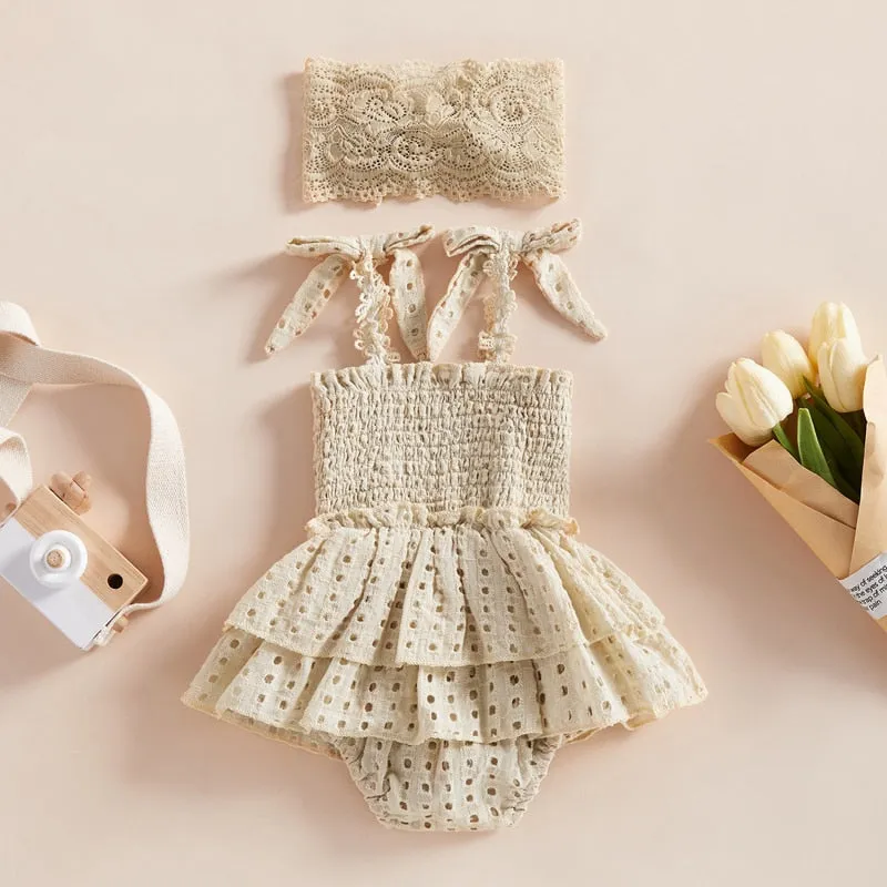 Baby Girl Hollow-Out Sling Bodysuits with Headband Set