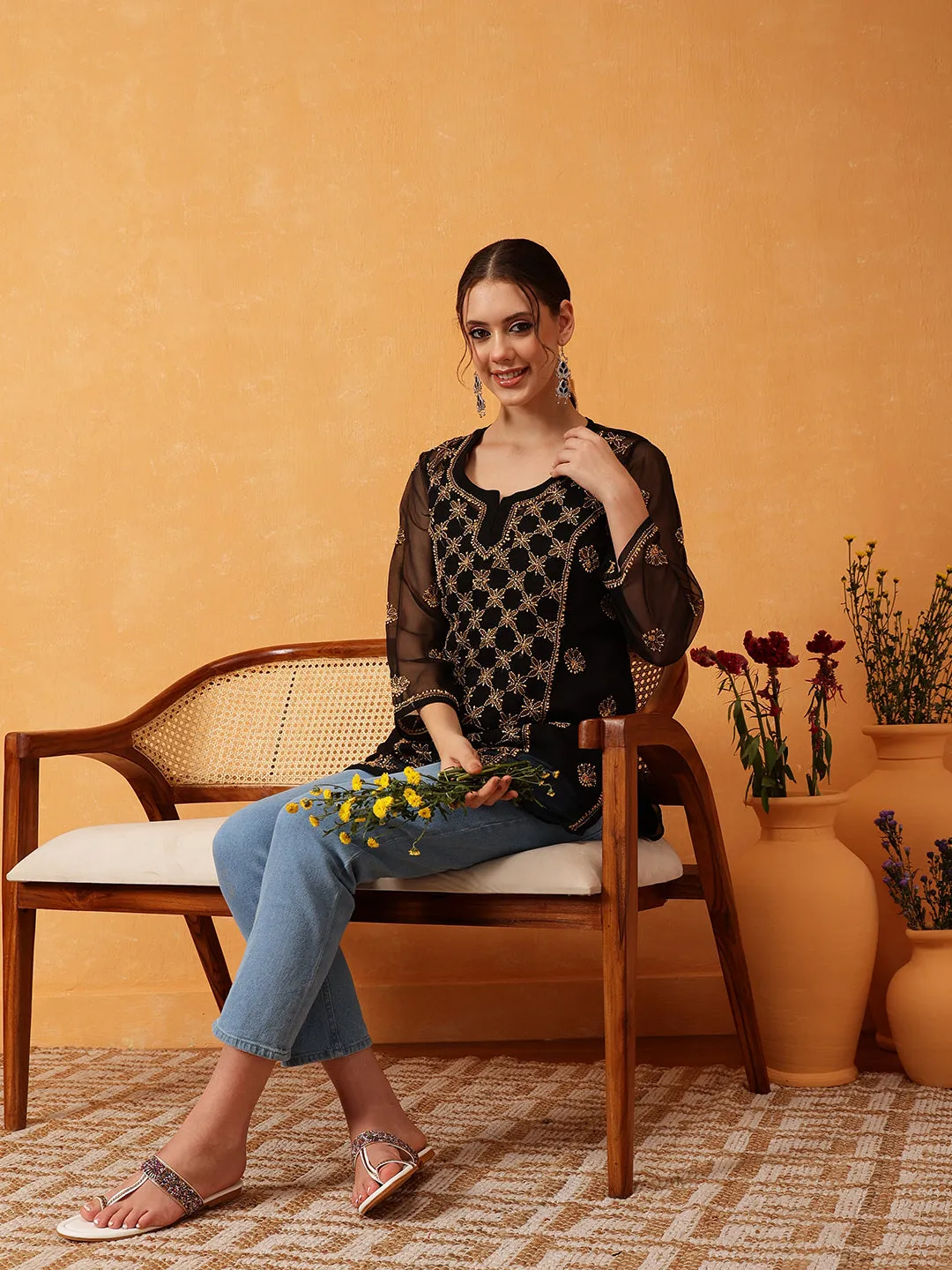 Black & Gold Georgette Embroidery Chikankari Tunic With Slip