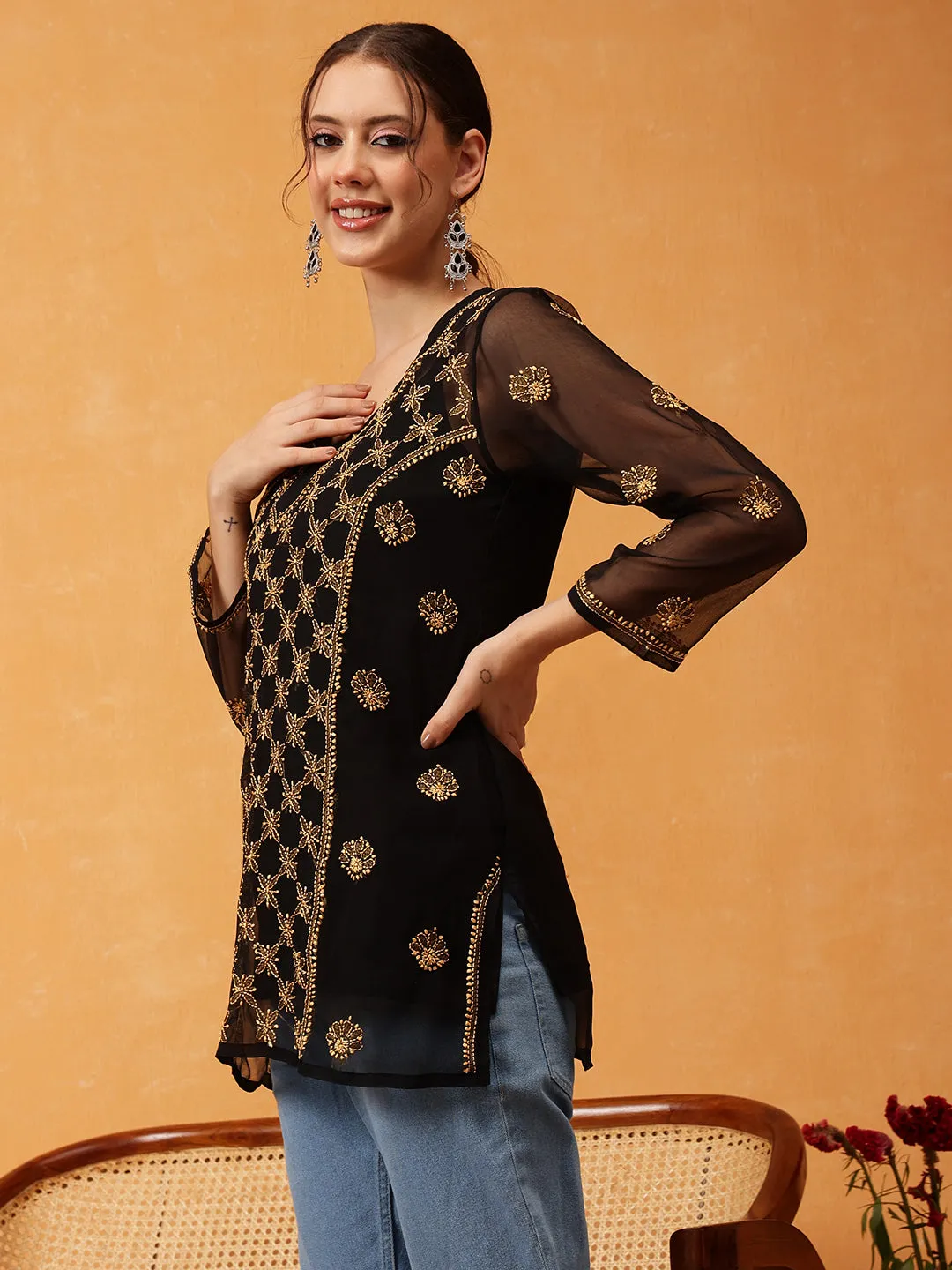 Black & Gold Georgette Embroidery Chikankari Tunic With Slip