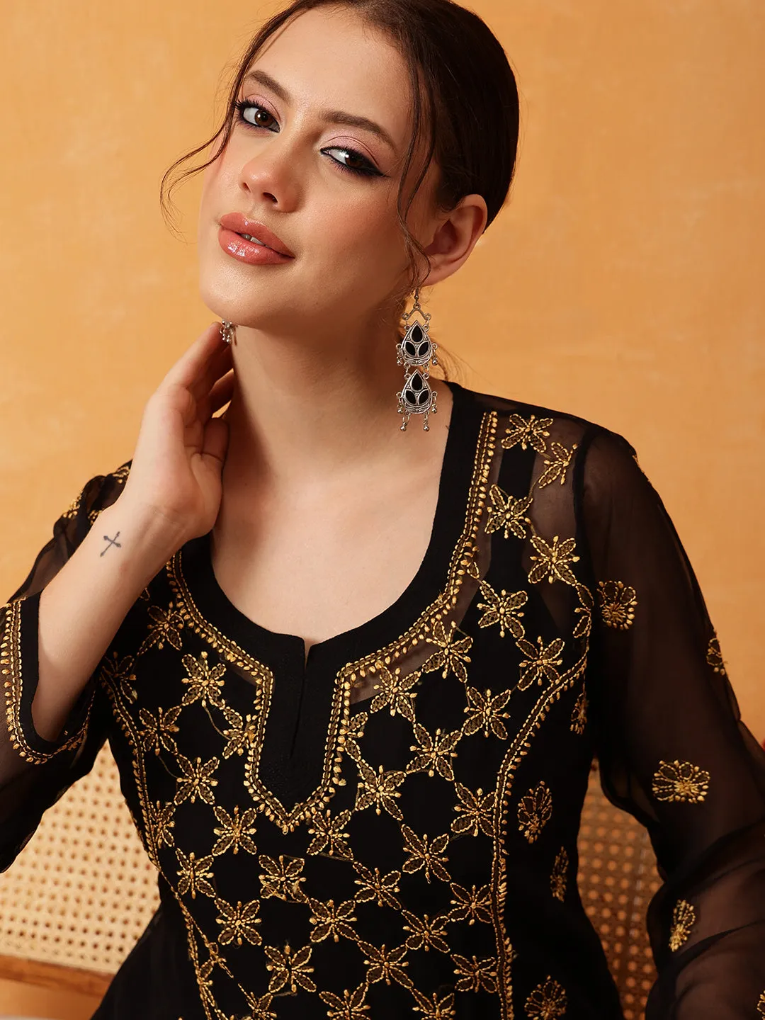 Black & Gold Georgette Embroidery Chikankari Tunic With Slip