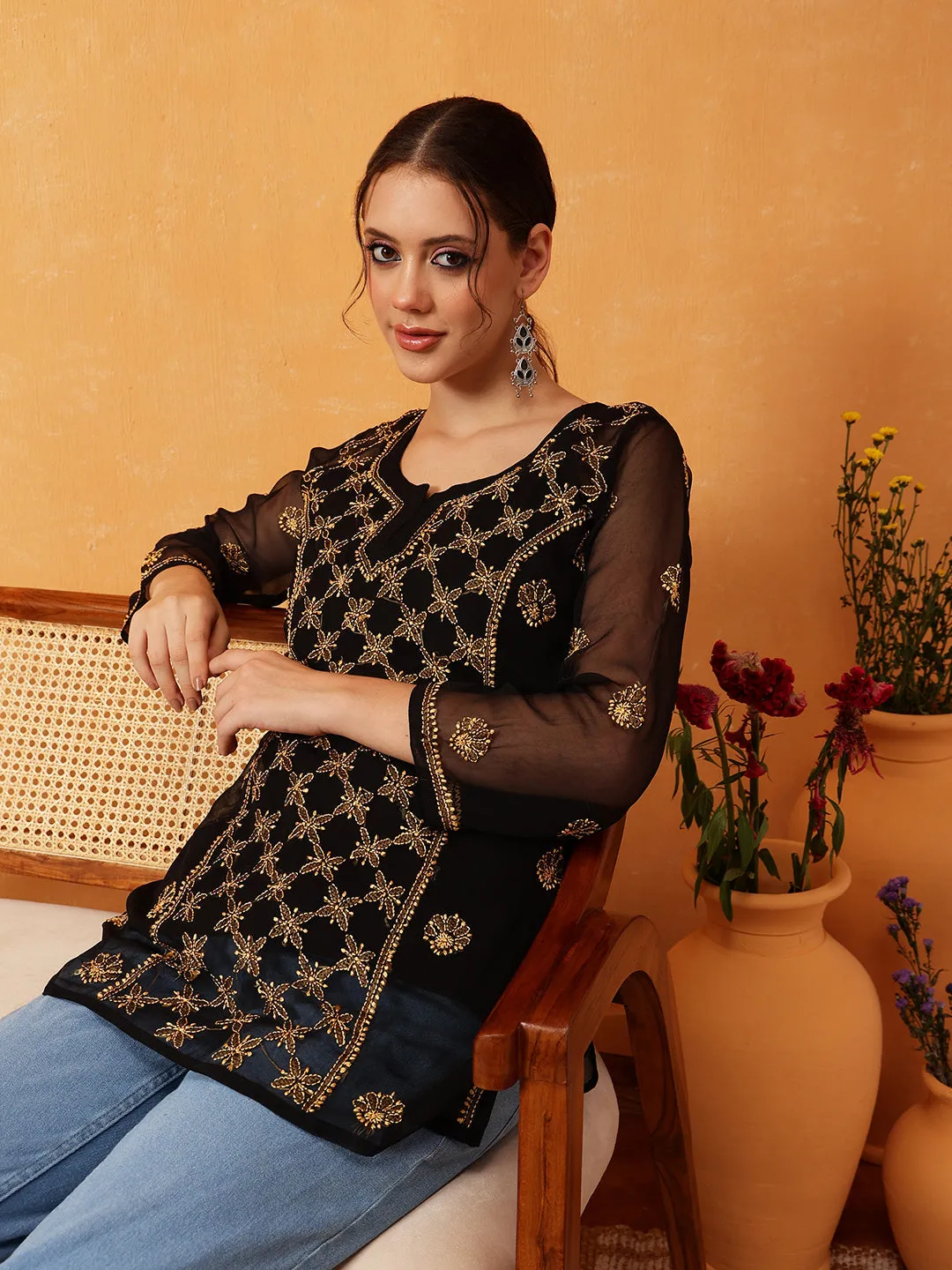 Black & Gold Georgette Embroidery Chikankari Tunic With Slip