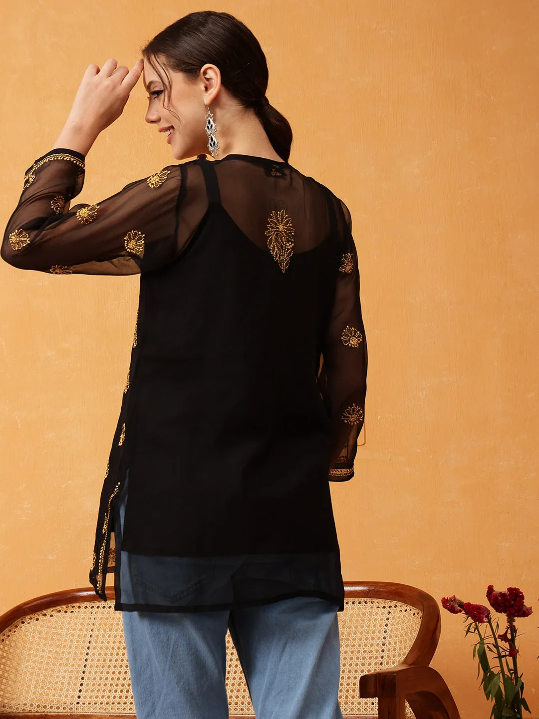 Black & Gold Georgette Embroidery Chikankari Tunic With Slip