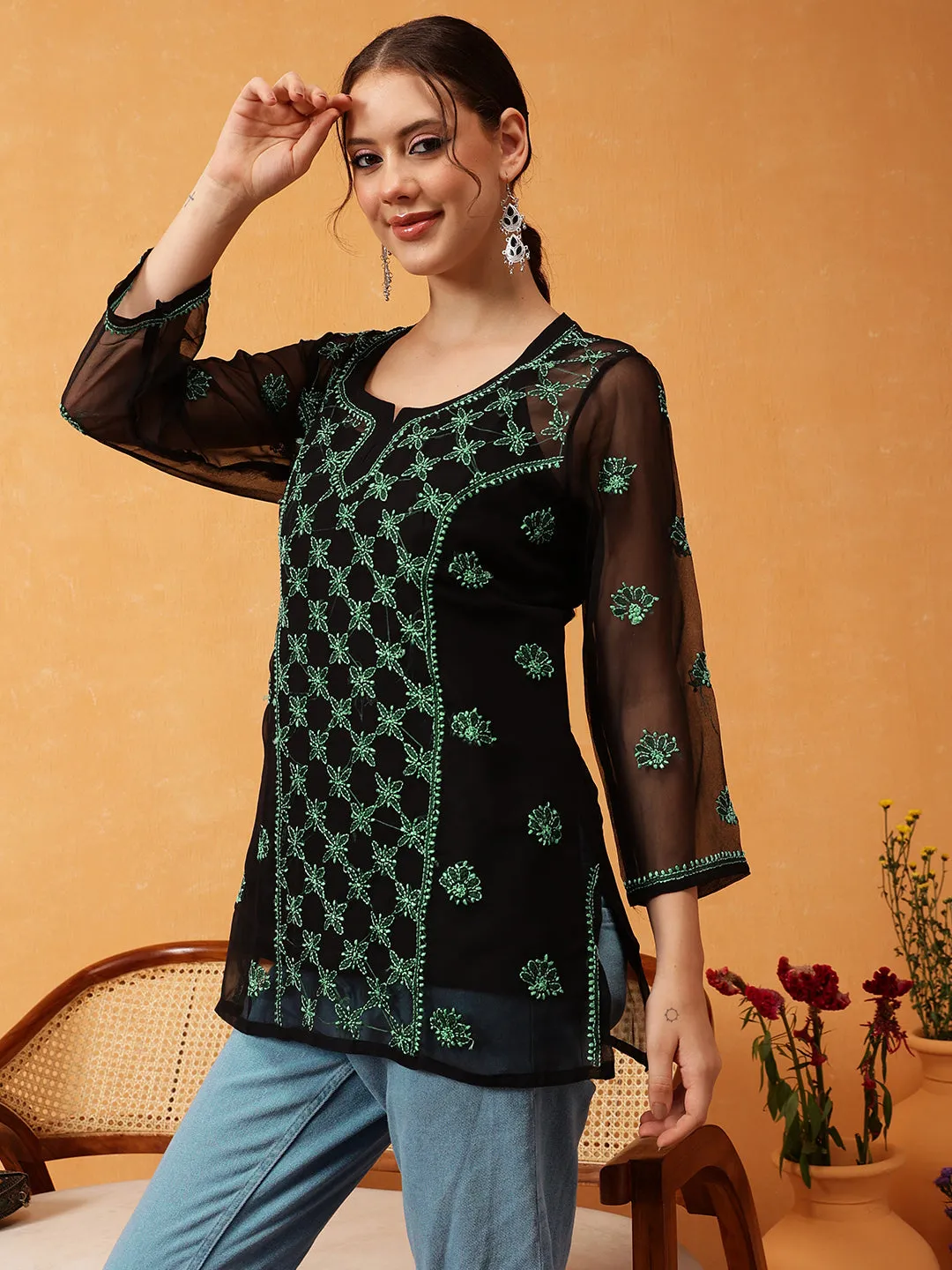 Black & Green Georgette Embroidery Chikankari Tunic With Slip