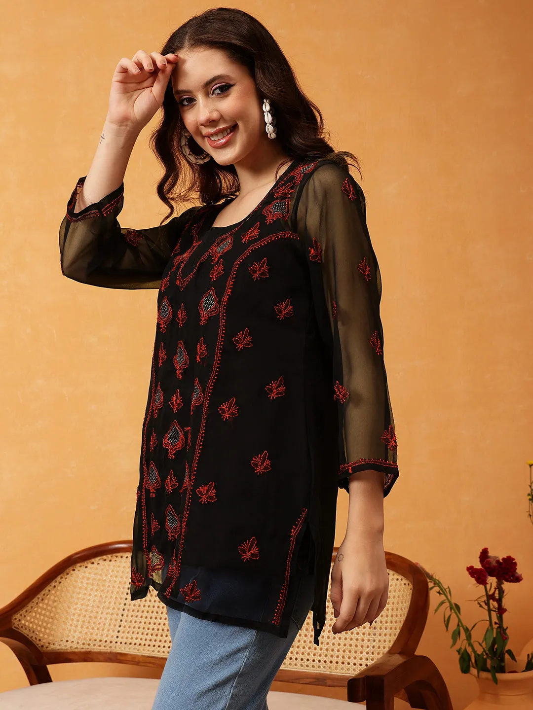Black & Rust Georgette Embroidery Chikankari Tunic With Slip
