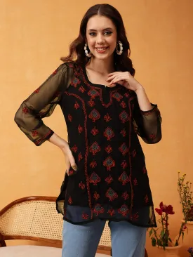 Black & Rust Georgette Embroidery Chikankari Tunic With Slip