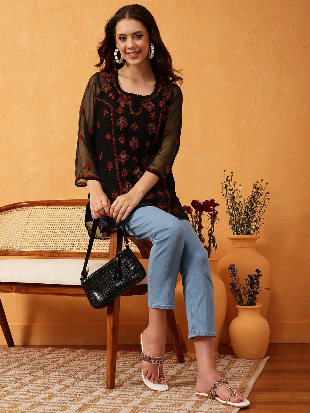 Black & Rust Georgette Embroidery Chikankari Tunic With Slip