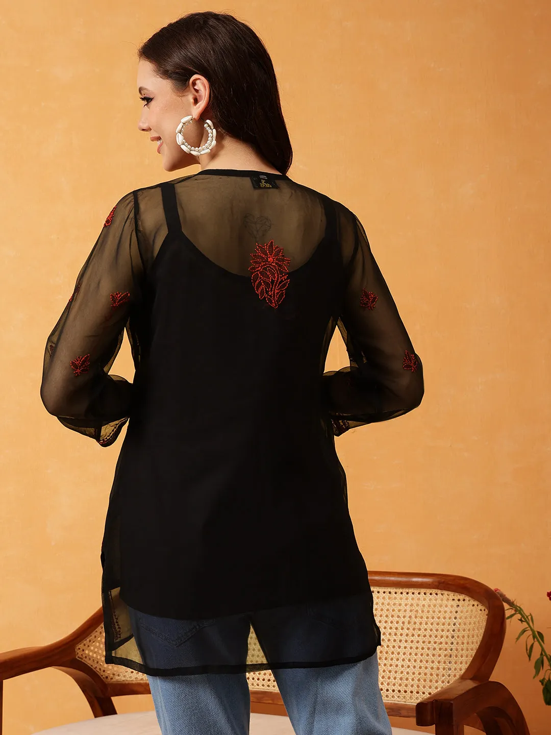 Black & Rust Georgette Embroidery Chikankari Tunic With Slip