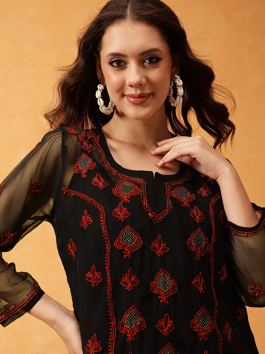 Black & Rust Georgette Embroidery Chikankari Tunic With Slip