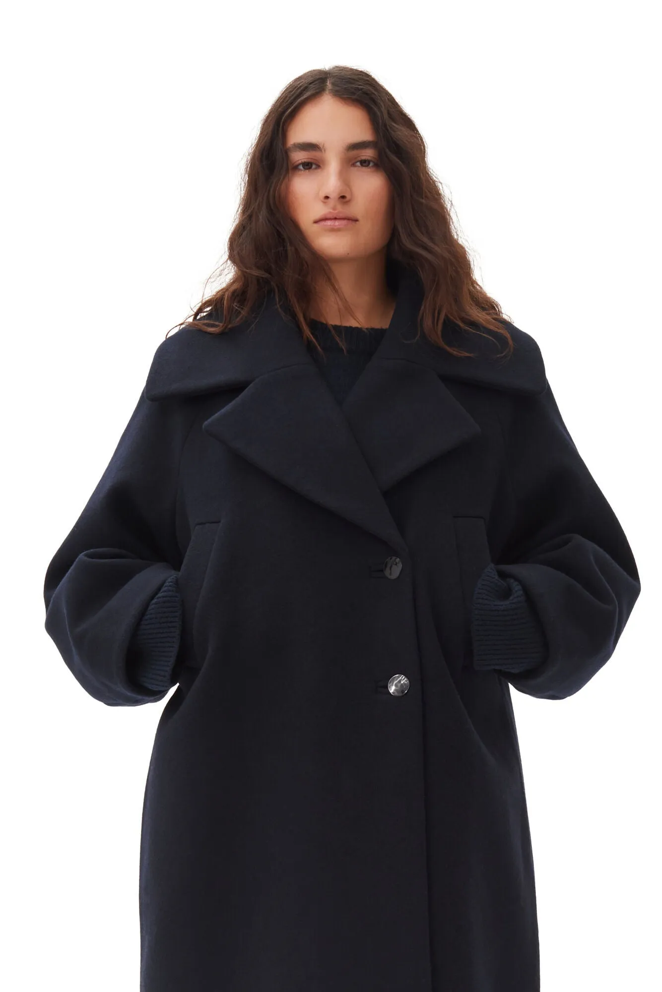 Boiled Wool Large Collar Coat - Sky Captain
