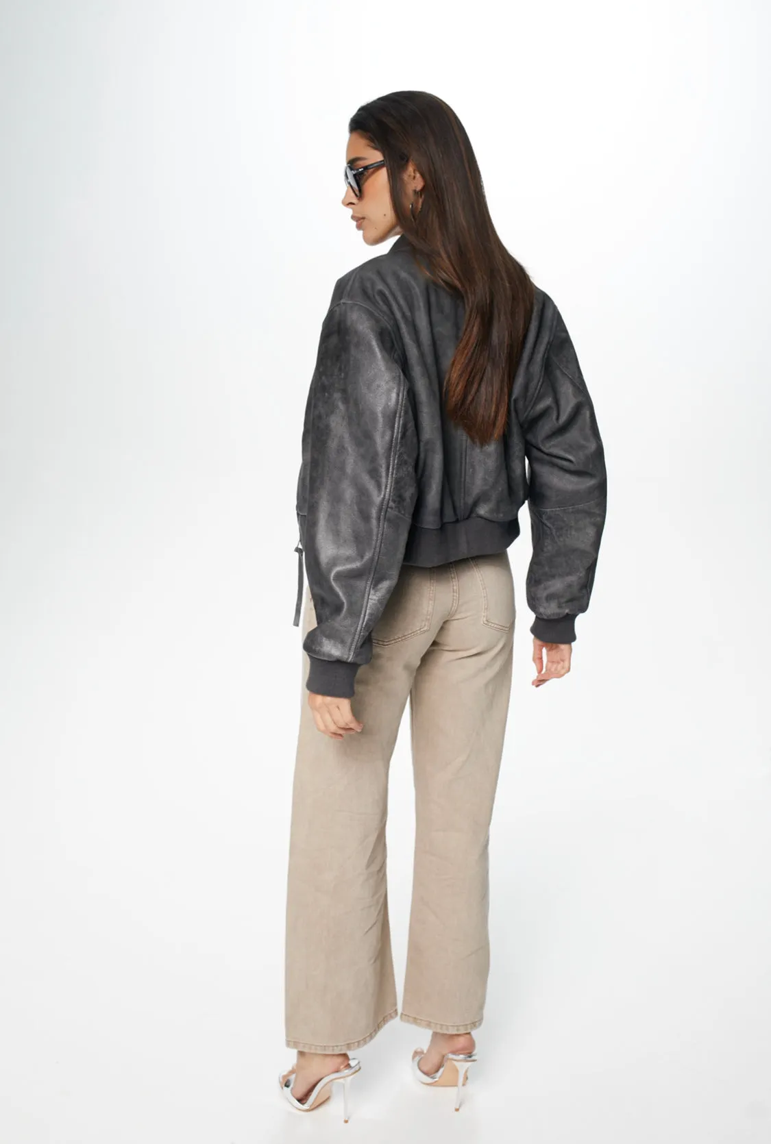 Bombi Vintage Grey Cropped Leather Bomber Jacker
