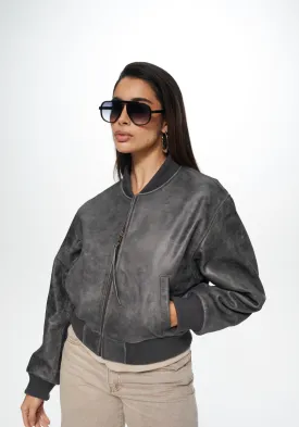 Bombi Vintage Grey Cropped Leather Bomber Jacker
