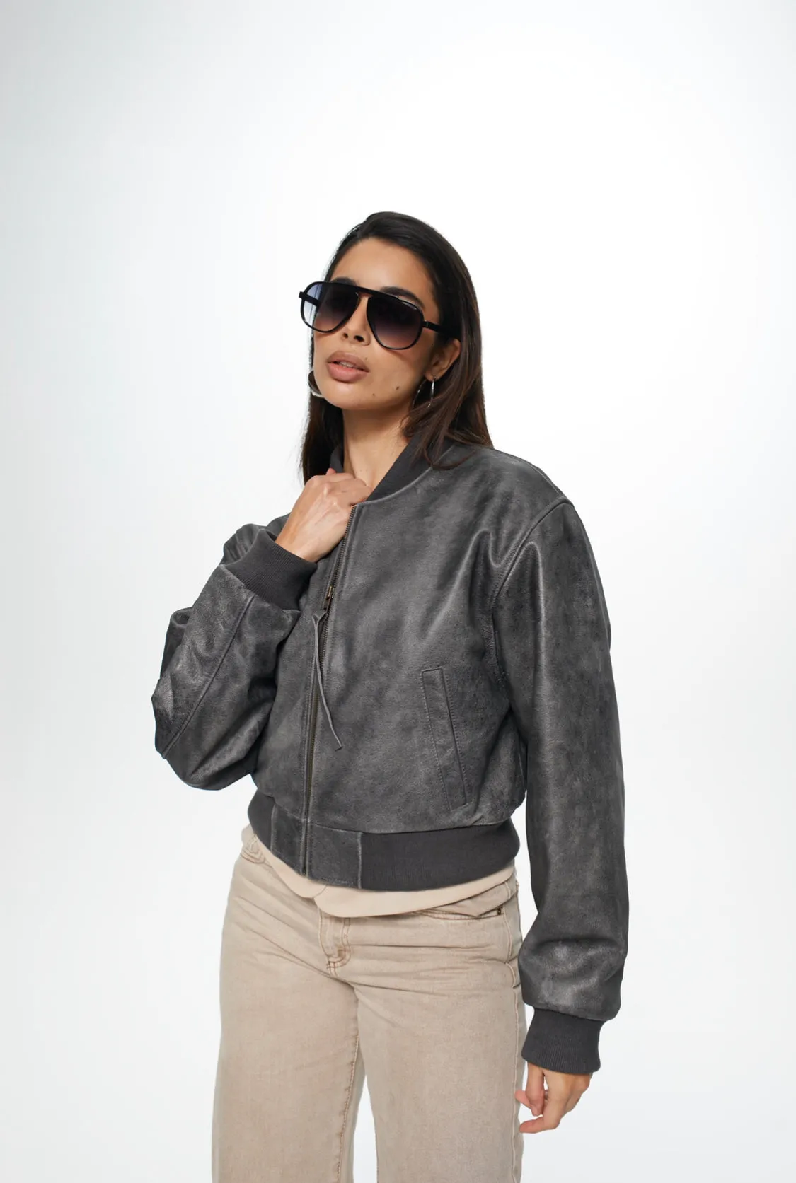 Bombi Vintage Grey Cropped Leather Bomber Jacker