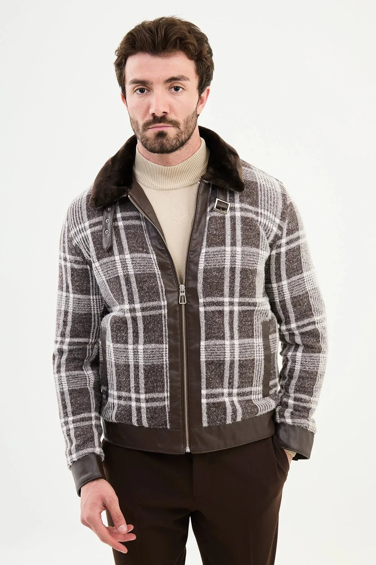 Brabion Eden Brown Ecru Fur Plaid Slim Fit Coat