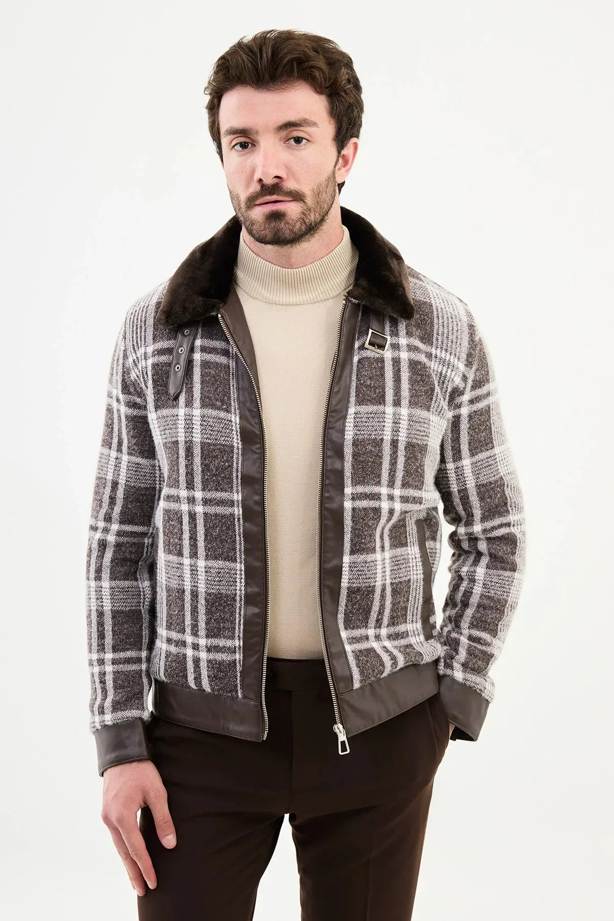 Brabion Eden Brown Ecru Fur Plaid Slim Fit Coat