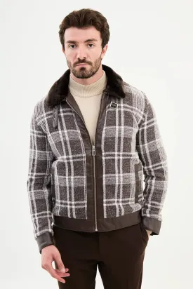 Brabion Eden Brown Ecru Fur Plaid Slim Fit Coat