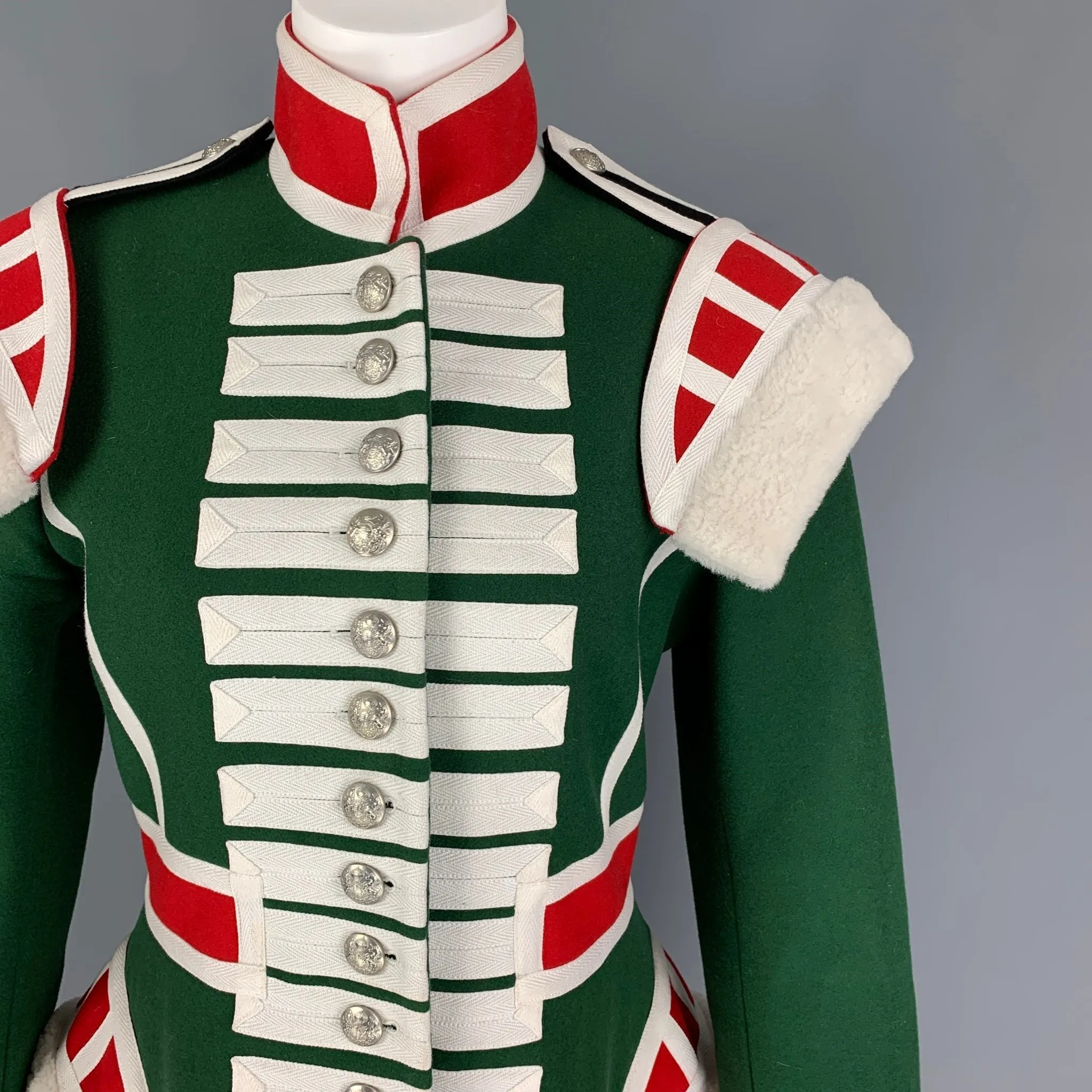 BURBERRY Fall 2017 Size 8 Green Red Shearling Trim Wool Ceremonial Coat