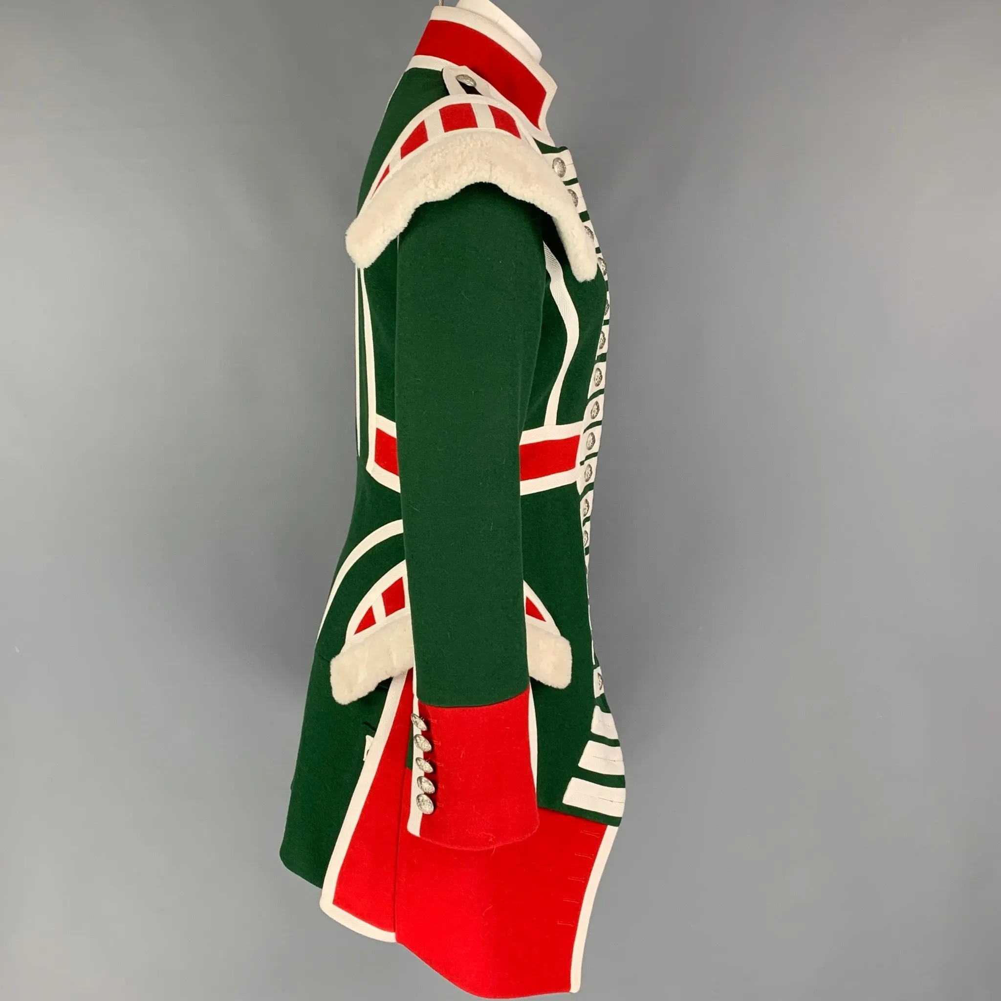 BURBERRY Fall 2017 Size 8 Green Red Shearling Trim Wool Ceremonial Coat