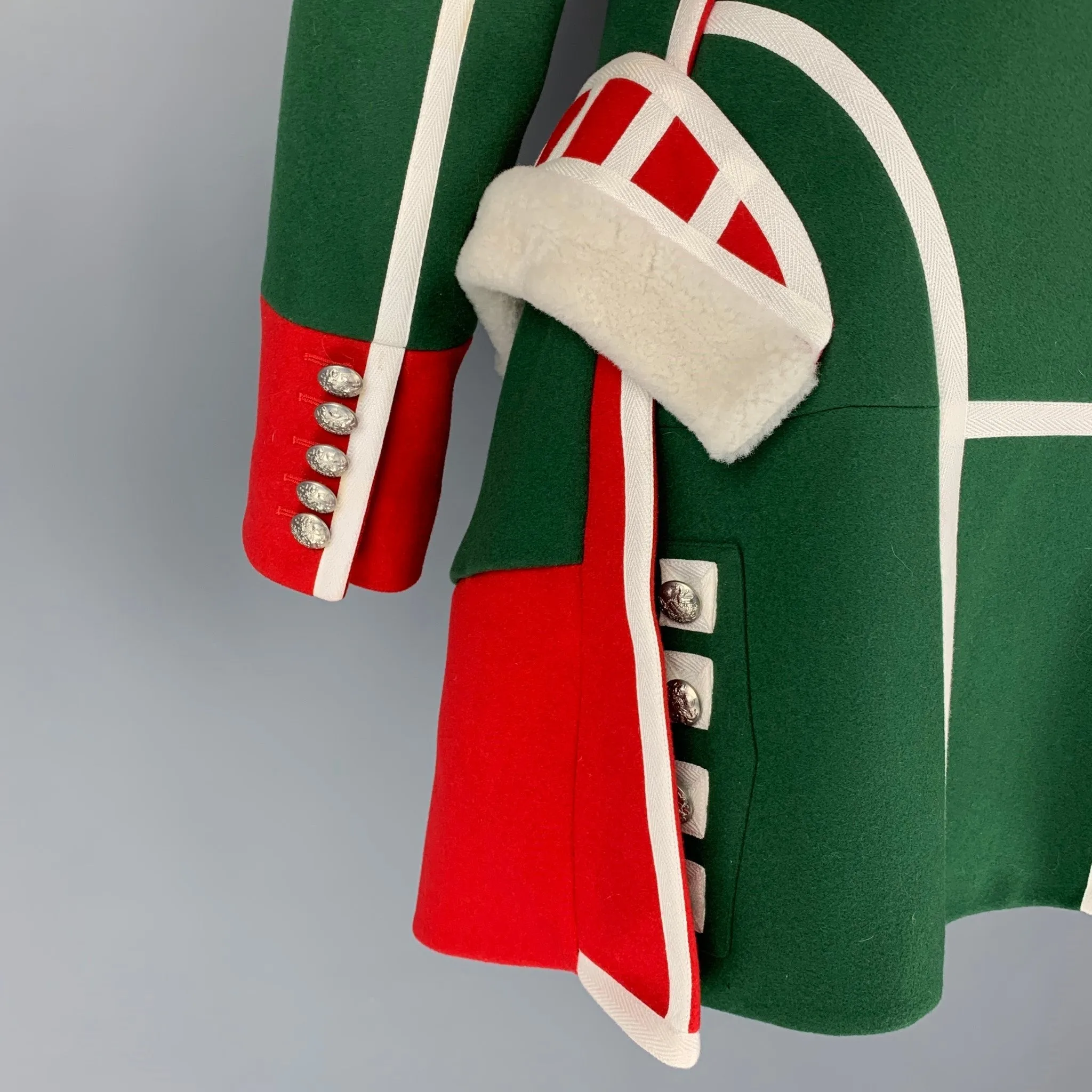 BURBERRY Fall 2017 Size 8 Green Red Shearling Trim Wool Ceremonial Coat