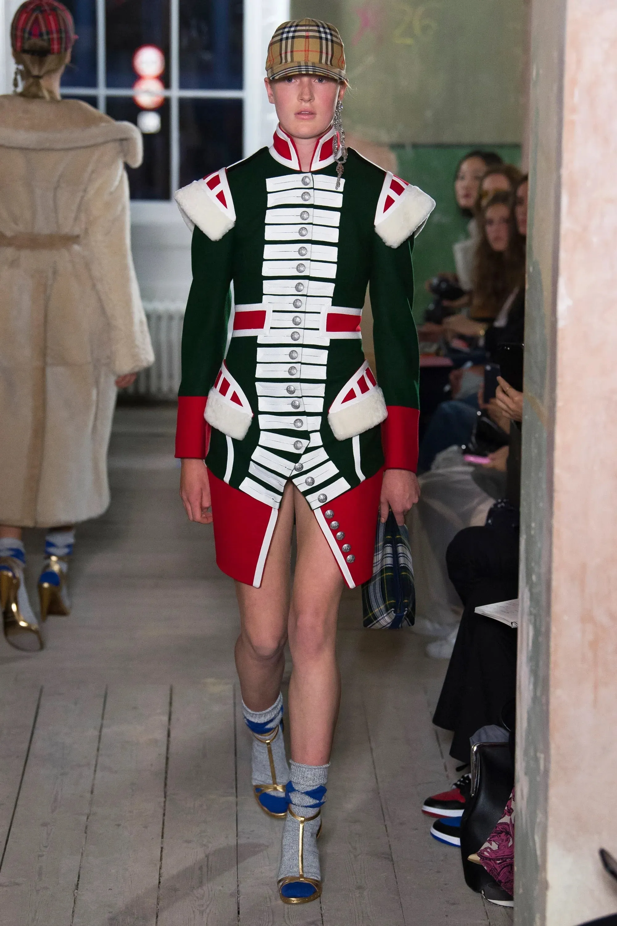 BURBERRY Fall 2017 Size 8 Green Red Shearling Trim Wool Ceremonial Coat