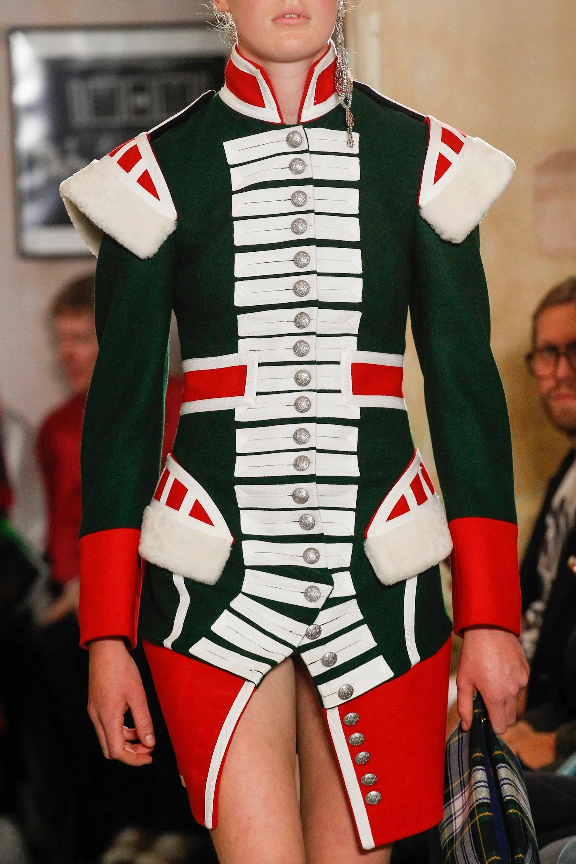 BURBERRY Fall 2017 Size 8 Green Red Shearling Trim Wool Ceremonial Coat