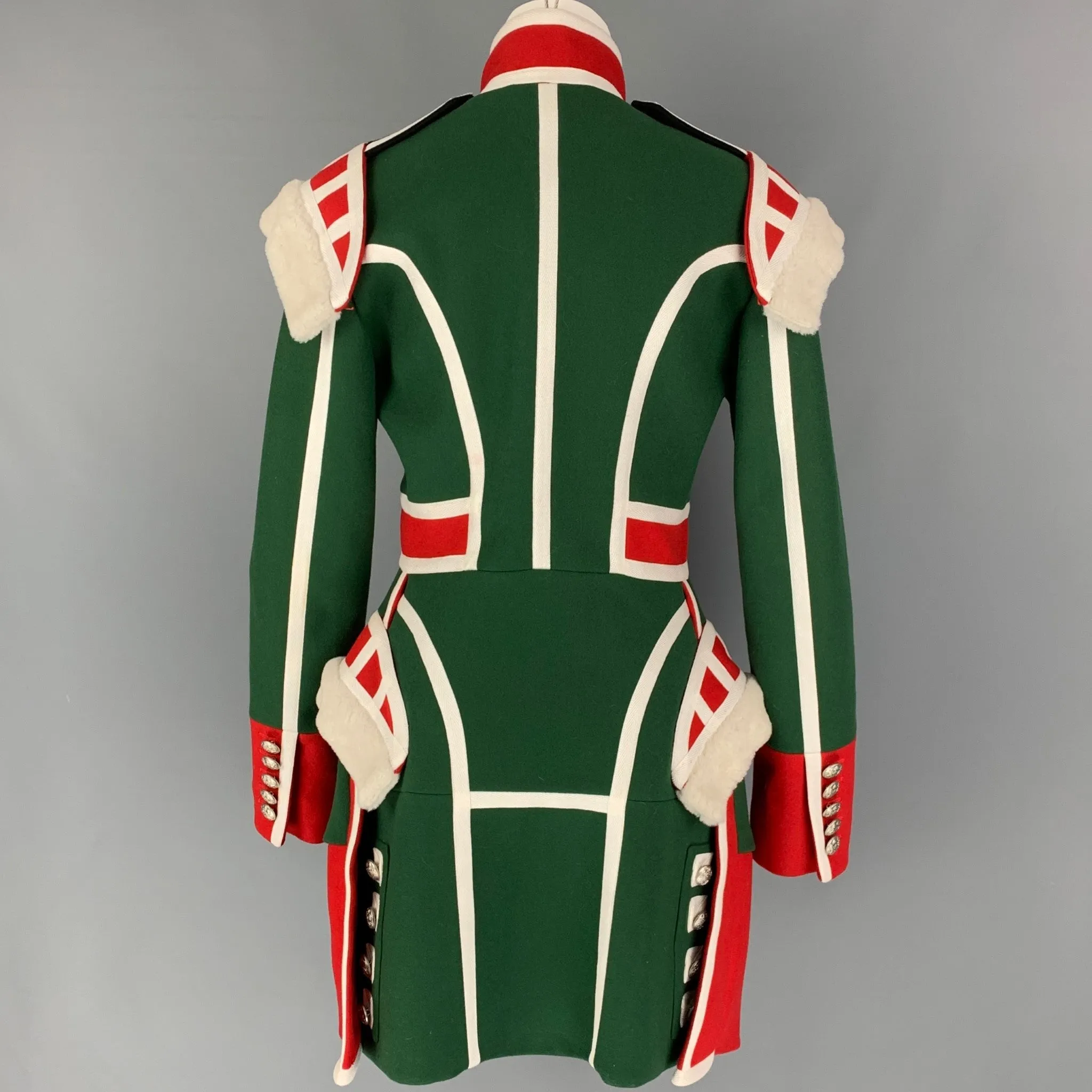 BURBERRY Fall 2017 Size 8 Green Red Shearling Trim Wool Ceremonial Coat