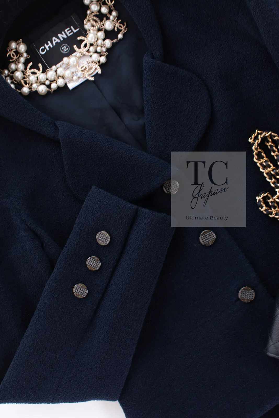 CHANEL 12C Navy Rhinestone CC Buttons Wool Tweed Jacket 38 シャネル ネイビー ラインストーン CC ボタン ウール ツイード ジャケット 即発