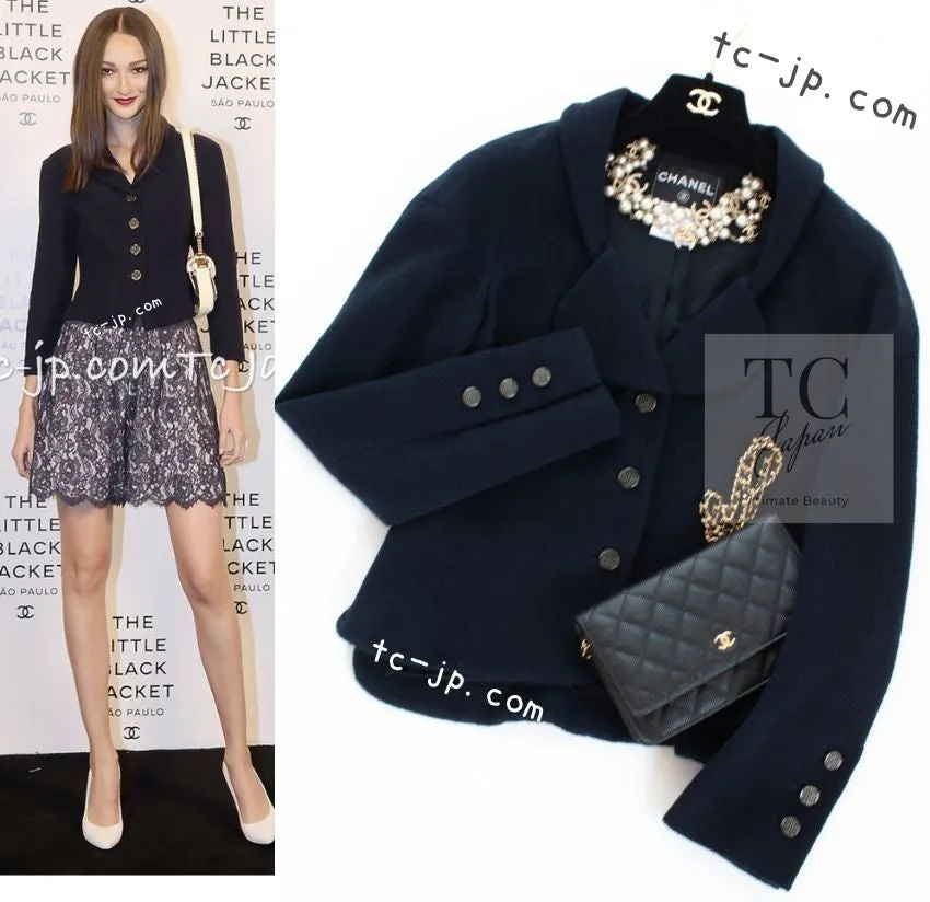 CHANEL 12C Navy Rhinestone CC Buttons Wool Tweed Jacket 38 シャネル ネイビー ラインストーン CC ボタン ウール ツイード ジャケット 即発